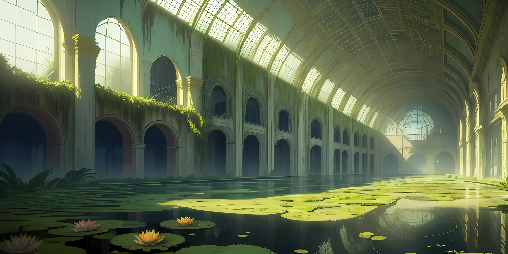 Large fantasy abandoned mall, broken floor flooded with water lilies, grass with wildflowers, glass ceiling, trees, vines, orchids, bromeliads, palm trees, ornaments, golden, many plants, tropical plants, marble walls, dynamic light, 8K, masterpiece, ultra detailed, beautiful.