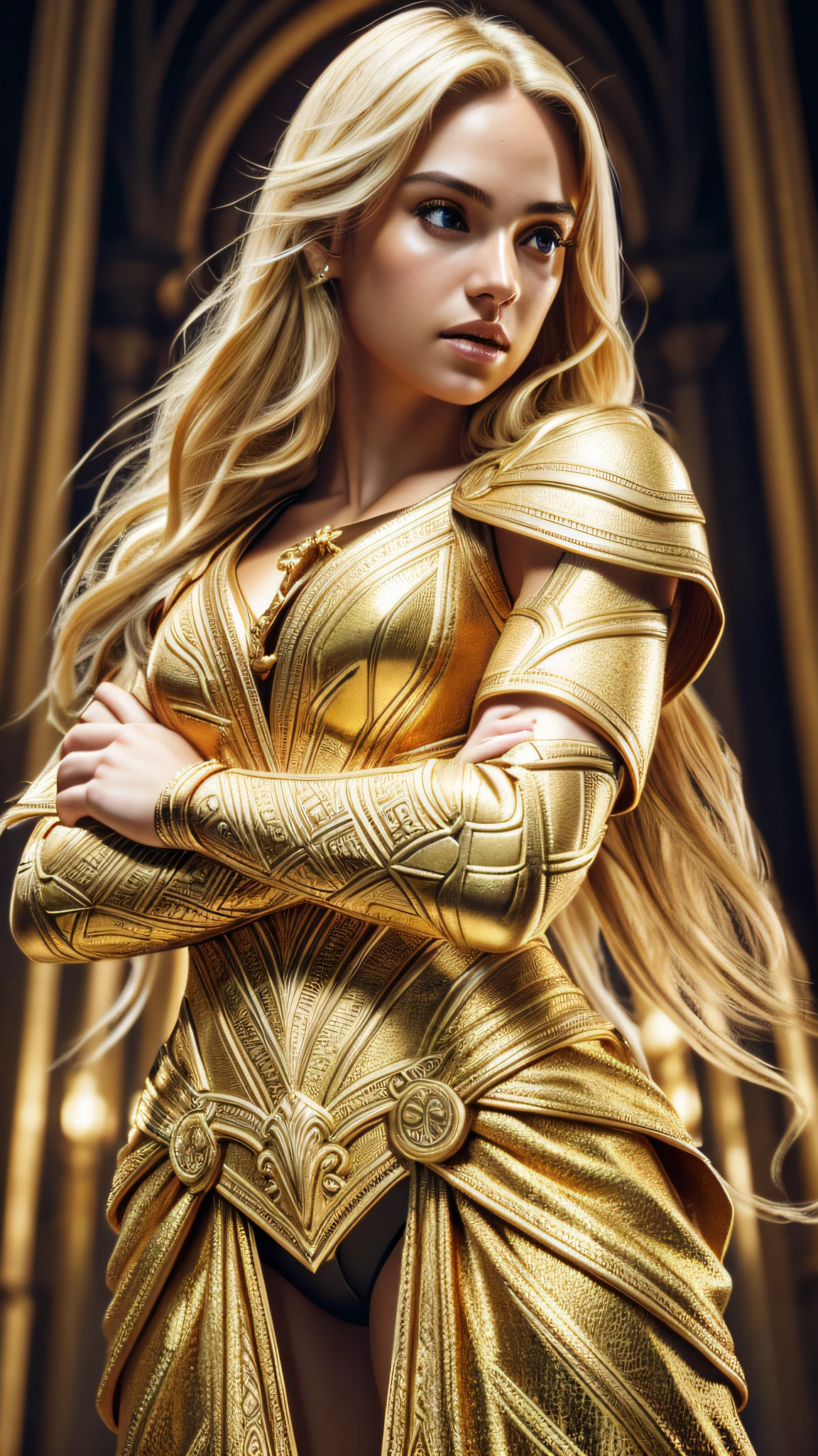 extremely beautiful girl, subtle makeup, golden hour, blonde hair, looking forward, photorealistic, high contrast, 8k HD, detailed, hyper-detailed, realistic skin texture, large body, large waist, long dark hair, big chest best quality, ultra high res, raw photo, dramatic lighting, unreal engine, intricate diffuse glow and golden tab, red cape, spear, illuminated greek scenery, perfectly detailed arms and hands, Extremely detailed crossed arms, strong arms, epic --auto --s2