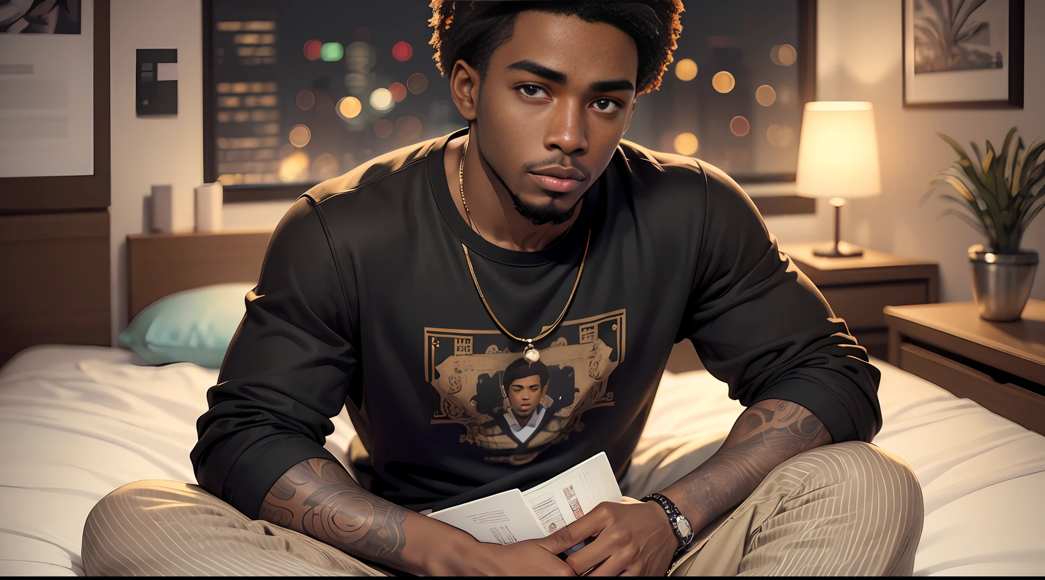 ((Work of art)), best quality, high detailing, incredibly delicate and beautiful illustration, (1 young 26-year-old black man), brown eyes, serious expression, comfortable casual clothing, slightly blurry urban setting, softly blurred background, night lighting.this youtuber is sitting on his bed, full body