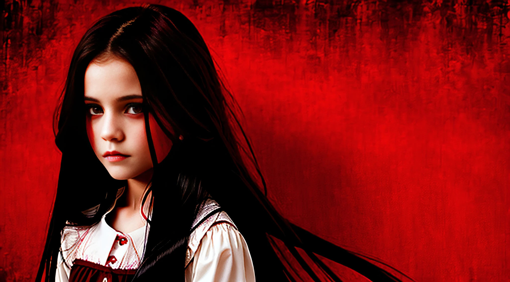 GIRLS VAMPIRE CHILDREN, RED EYES. AND LONG DARK HAIR, red background.