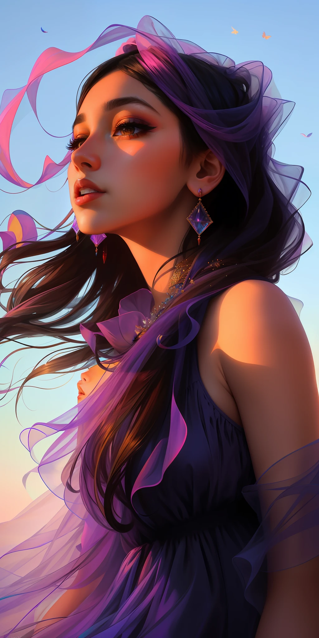 Arab woman, close-up face, beautiful dress, bare shoulders, soaring female figure made of ribbons, smoke, in the sky, colorful and bright, mystical colors, modern impressionism, portraiture Yanjun Cheng, iridescent painting, 3/4 perspective view, cute face, low angle, wide swirling composition, big beautiful crystal eyes, large iris, UHD, HDR, 8K, (Masterpiece: 1. 5), (the most beautiful portrait in the world:  1,5)