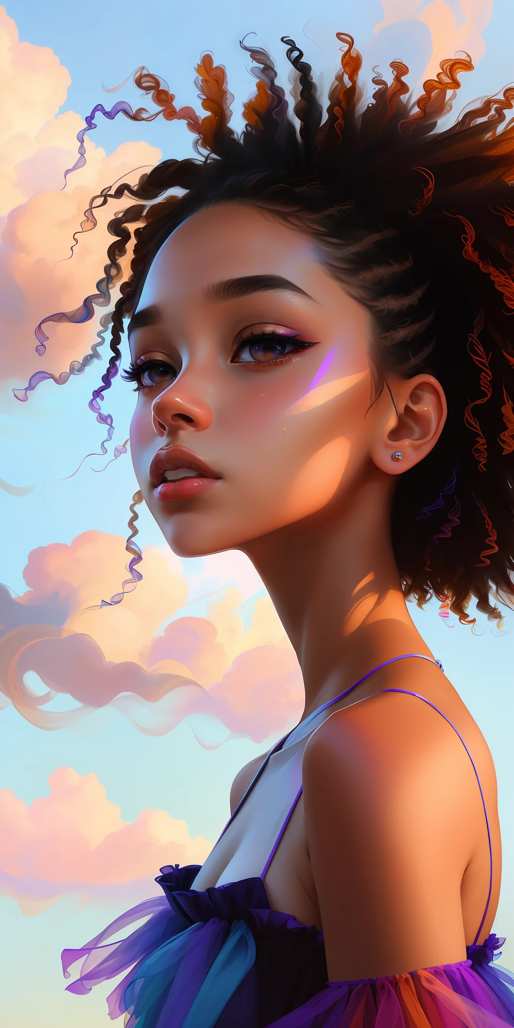 mulatto, close-up face, beautiful dress, bare shoulders, soaring female figure made of ribbons, smoke, in the sky, colorful and bright, mystical colors, modern impressionism, portraiture by Yanjun Cheng, iridescent painting, 3/4 perspective view, cute face, low angle, wide swirling composition, big beautiful crystal eyes, large iris, UHD, HDR, 8K, (Masterpiece: 1. 5), (the most beautiful portrait in the world: 1,5)