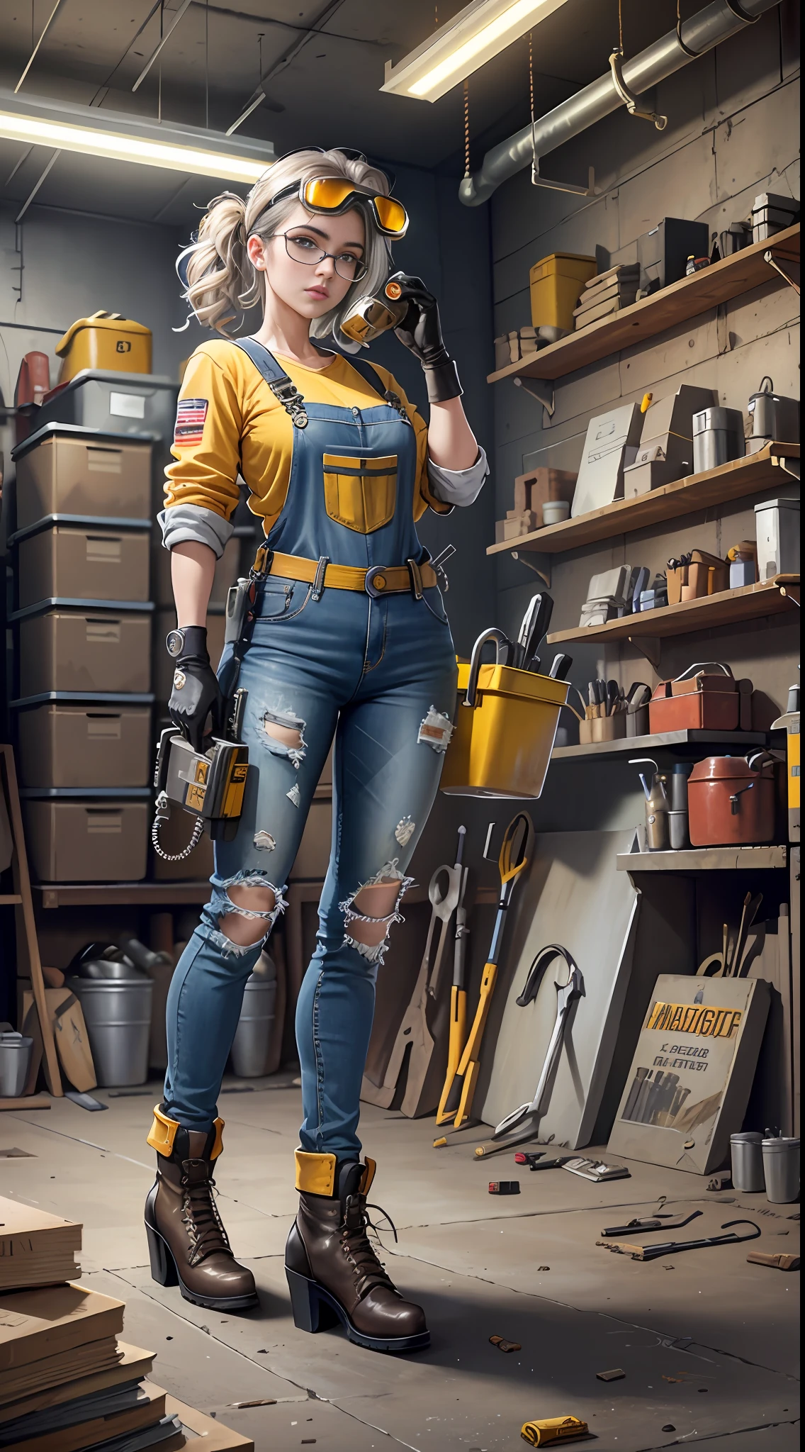 Masterpiece, high quality, super detailed, illustration, a pretty girl, shiny, reflective, jeans, yellow overalls, body, work shoes, industrial, high heels, black, red, silver, metallic, gloves, goggles, equipment, machinery, tools, sparks, pipes, instruments, meters, saws, hammers, screwdrivers, wrenches, pliers, wrenches, toolboxes, fire extinguishers, first aid kits, ventilation, pipes, lights, warning signs, posters, calendars, coffee cups, workbenches, storage boxes, safety vests, concrete floors, Concrete walls, metal beams, industrial fashion, sci-fi, cyberpunk, dystopia