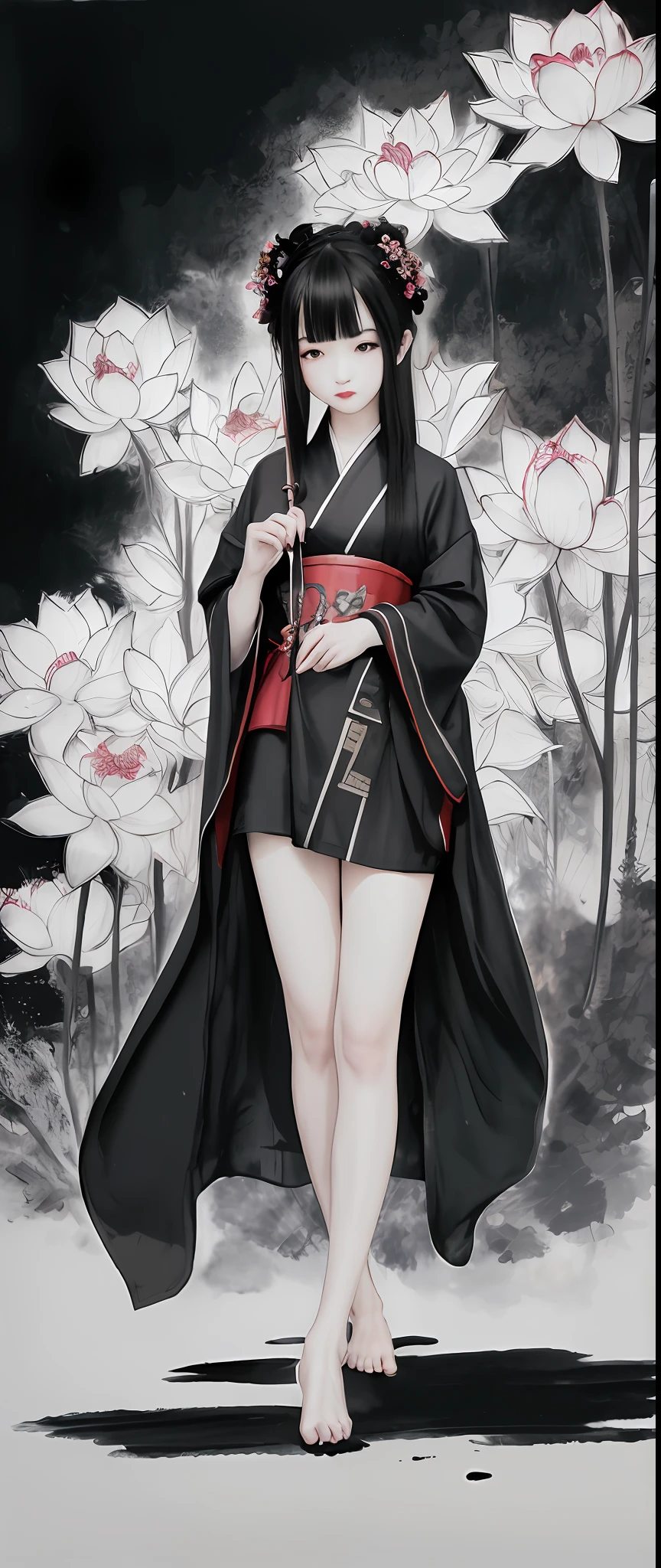 ((4k, masterpiece, best quality)), Shui Mo Bishim, traditional Chinese ink painting, lotus, oiran dressed modestly, one girl dressed up, solo, long black hair, sad face, sad face, barefoot, fireworks