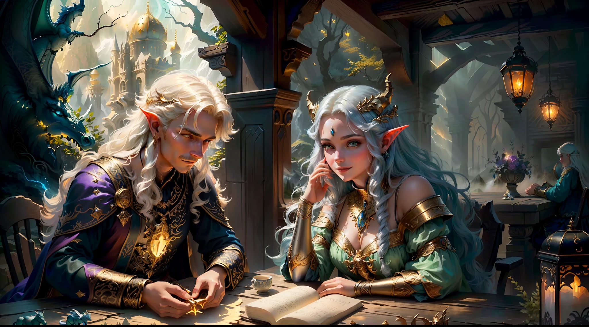 best quality, masterpiece, masterpiece portrait, intricate details, epic light, fantasy, dragons and dungeons, retro, priest, dark elf, 1 girl,2 boys, wooden table, tavern, gray skin, elegant smile, strabismus, close-up portrait of a Mycenaean woman doll with gold jewelry, spider: 0.9, net: 1.0, fantasy, volumetric lighting, concept art, brush stroke style, art station, trend, very detailed, art by Greg Rutkowsk, Amidst a realm of enchantment and mythical wonders, fantasy setting, magical creatures, ethereal beauty, majestic landscapes, shimmering forests, cascading waterfalls, ancient ruins, radiant sunlight, mystical atmosphere, vibrant colors, mystical beings, mythical creatures, fairies, unicorns, dragons, celestial skies, floating islands, hidden realms, whimsical architecture, spellbinding charm, sparkling crystals, gentle breeze, captivating aurora, wisps of magic, ethereal glow, awe-inspiring vistas