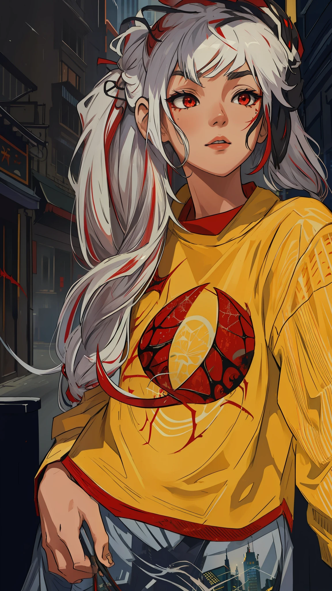 (masterpiece, best quality), intricate details, 8k, artstation, wallpaper, official art, splash art, sharp focus,
1girl, Nakiri Ayame, long hair, twintails, red eyes, white hair,
spider suit, spider web print, spider web,
skyscrappers, city, buildings, cars, street,