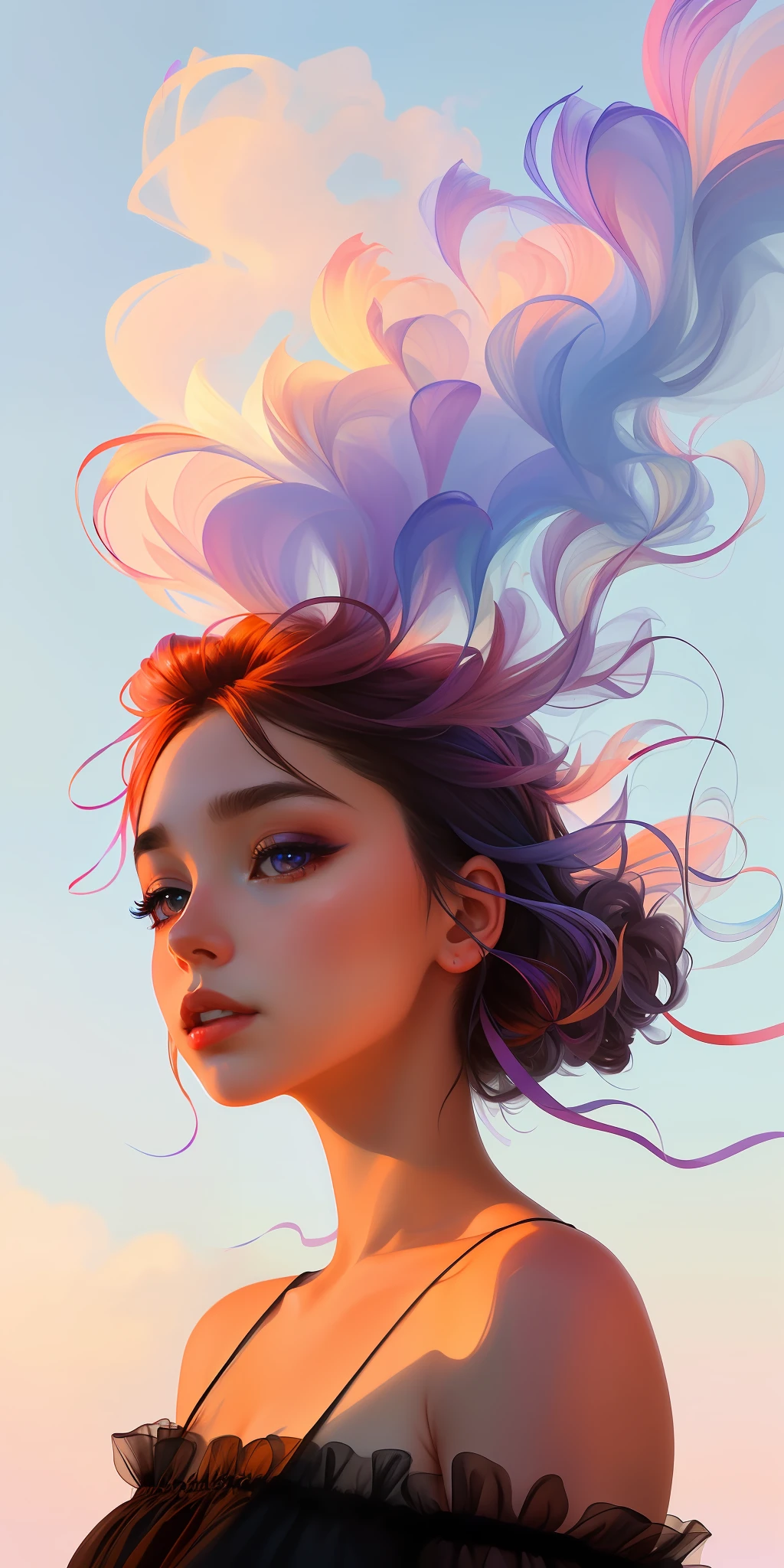 Frenchwoman, close-up face, beautiful dress, bare shoulders, soaring female figure made of ribbons, smoke, in the sky, colorful and bright, mystical colors, modern impressionism, portraiture Yanjun Cheng, iridescent painting, 3/4 perspective view, cute face, low angle, wide swirling composition, big beautiful crystal eyes, large iris, UHD, HDR, 8K, (Masterpiece: 1. 5), (the most beautiful portrait in the world:  1,5)