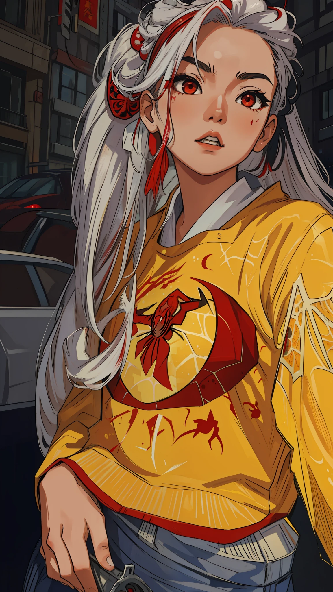(masterpiece, best quality), intricate details, 8k, artstation, wallpaper, official art, splash art, sharp focus,
1girl, Nakiri Ayame, long hair, twintails, red eyes, white hair,
spider suit, spider web print, spider web,
skyscrappers, city, buildings, cars, street,