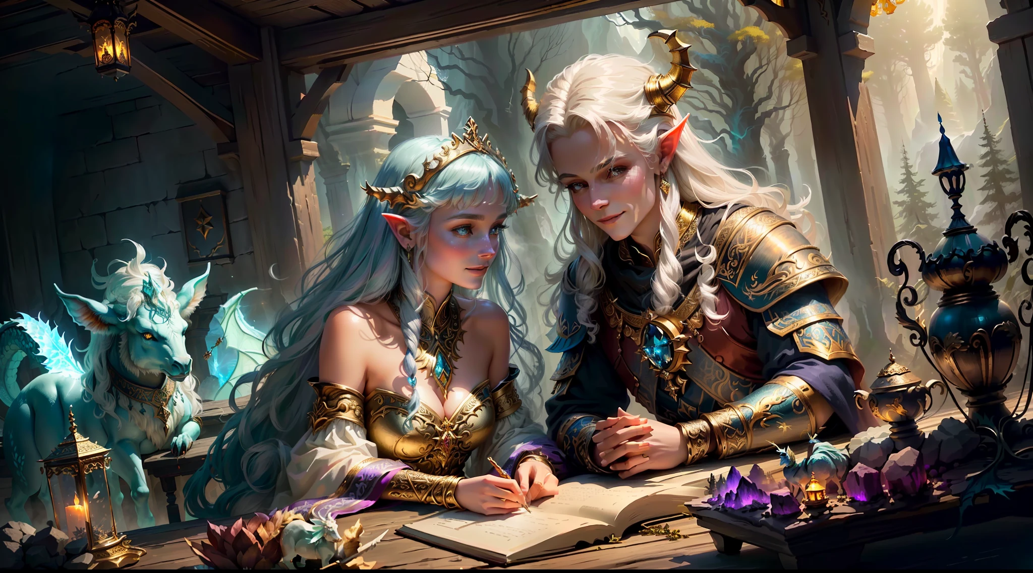 best quality, masterpiece, masterpiece portrait, intricate details, epic light, fantasy, dragons and dungeons, retro, priest, dark elf, 1 girl,2 boys, wooden table, tavern, gray skin, elegant smile, strabismus, close-up portrait of a Mycenaean woman doll with gold jewelry, spider: 0.9, net: 1.0, fantasy, volumetric lighting, concept art, brush stroke style, art station, trend, very detailed, art by Greg Rutkowsk, Amidst a realm of enchantment and mythical wonders, fantasy setting, magical creatures, ethereal beauty, majestic landscapes, shimmering forests, cascading waterfalls, ancient ruins, radiant sunlight, mystical atmosphere, vibrant colors, mystical beings, mythical creatures, fairies, unicorns, dragons, celestial skies, floating islands, hidden realms, whimsical architecture, spellbinding charm, sparkling crystals, gentle breeze, captivating aurora, wisps of magic, ethereal glow, awe-inspiring vistas