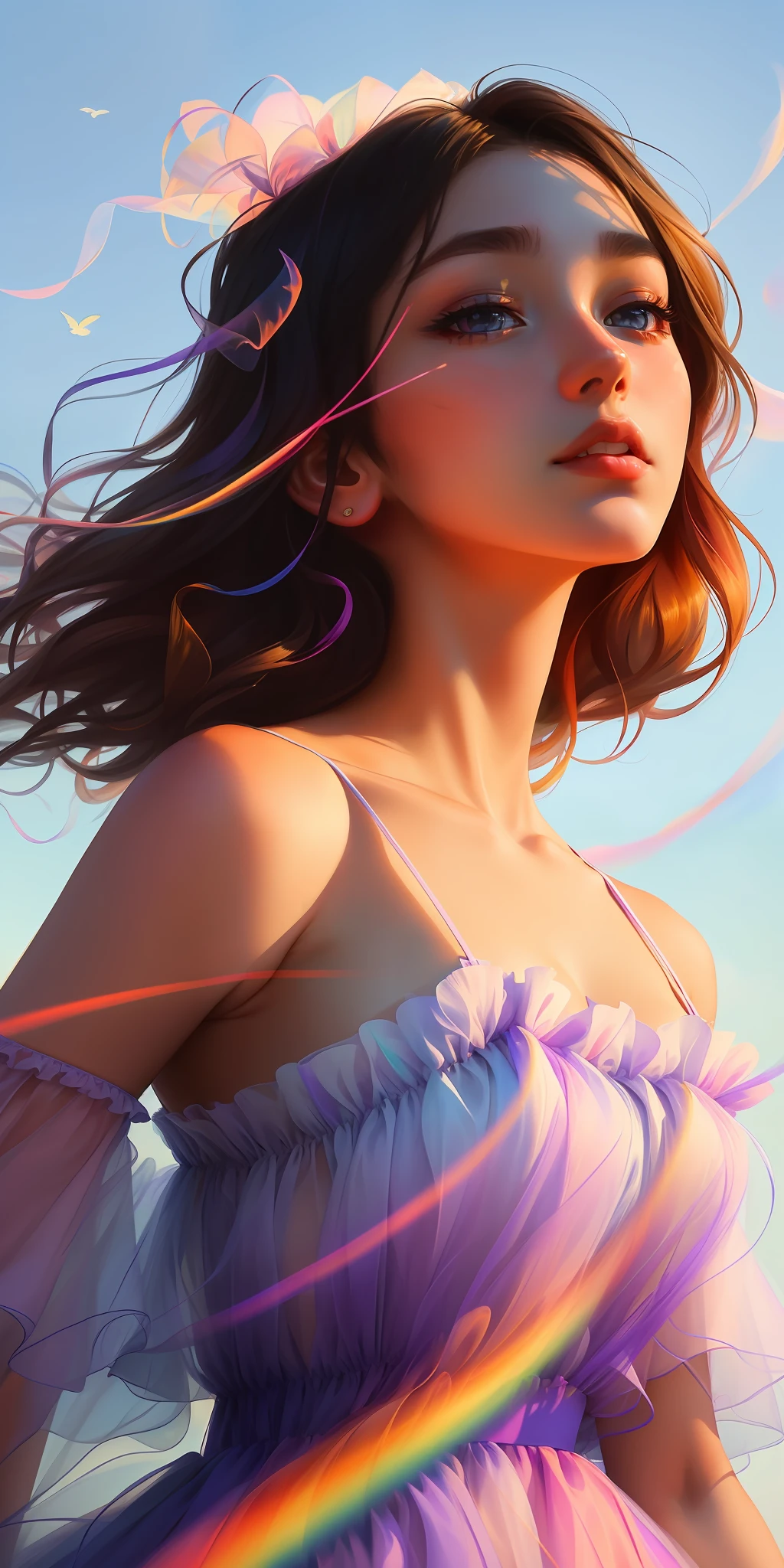 Frenchwoman, close-up face, beautiful dress, bare shoulders, soaring female figure made of ribbons, smoke, in the sky, colorful and bright, mystical colors, modern impressionism, portraiture Yanjun Cheng, iridescent painting, 3/4 perspective view, cute face, low angle, wide swirling composition, big beautiful crystal eyes, large iris, UHD, HDR, 8K, (Masterpiece: 1. 5), (the most beautiful portrait in the world: 1,5)