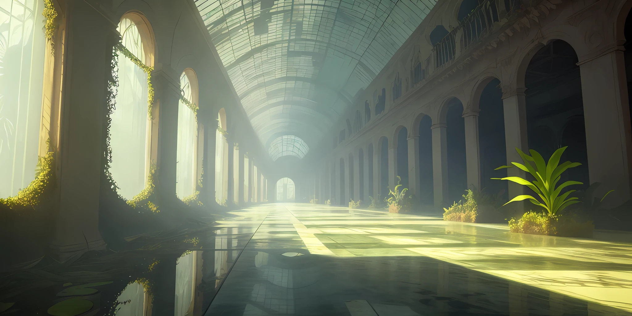 Large abandoned fantasy mall, flooded floor, glass ceiling, trees, vines, orchids, bromeliads, palm trees, ornaments, golden, many plants, tropical plants, marble walls, dynamic light, 8K, masterpiece, ultra detailed, beautiful.