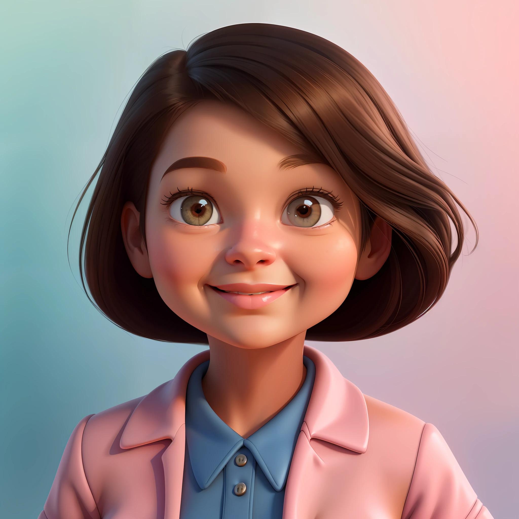 a 3d closeup of a cartoon girl, Pixar style, with light brown skin, beige, long straight brown hair and brown eyes, with a pink t-shirt, closeup character portrait, lovely digital painting, kawaii realistic portrait, cartoon style illustration, beautiful detailed digital art, headshot character portrait, close-up character, closeup character portrait, cartoon art style, cute portrait, pixar portrait photo 8k, portrait character design, digital cartoon painting, portrait of a small character, 3d render