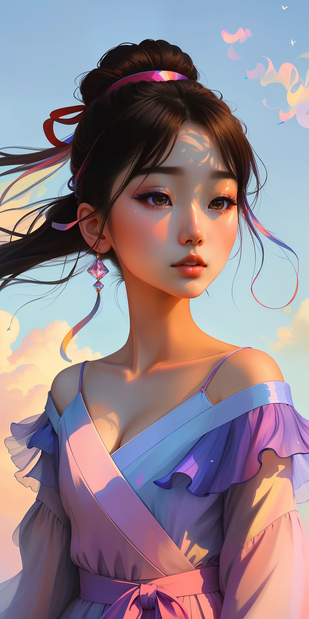 Japanese woman, close-up face, beautiful dress, bare shoulders, soaring female figure from ribbons, smoke, in the sky, colorful and bright, mystical colors, modern impressionism, portraiture Yanjun Cheng, iridescent painting, 3/4 perspective view, cute face, low angle, wide swirling composition, big beautiful crystal eyes, big iris, UHD, HDR, 8K, (Masterpiece: 1. 5), (the most beautiful portrait in the world: 1,5)