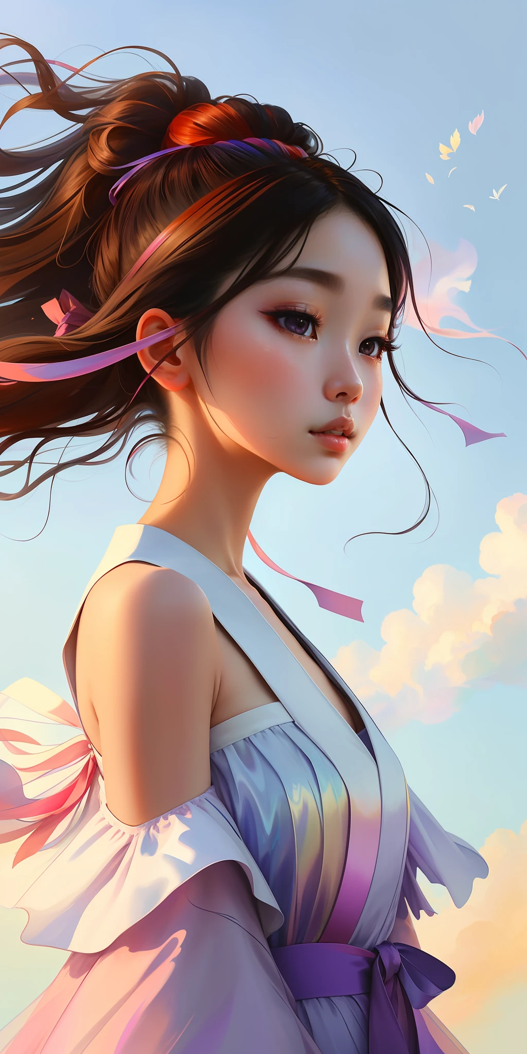 Japanese woman, close-up face, beautiful dress, bare shoulders, soaring female figure from ribbons, smoke, in the sky, colorful and bright, mystical colors, modern impressionism, portraiture Yanjun Cheng, iridescent painting, 3/4 perspective view, cute face, low angle, wide swirling composition, big beautiful crystal eyes, big iris, UHD, HDR, 8K, (Masterpiece: 1. 5), (the most beautiful portrait in the world: 1,5)