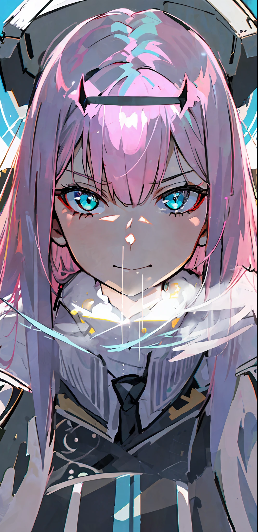 ((masterpiece, best quality)), (1girl), (solo), (female focus), zero two, (very detailed face, real image, realistic white skin, realistic body, intricate details), upper body, focus on face, white uniform, green eyes, pink hair, long hair, intimidating look, small breasts