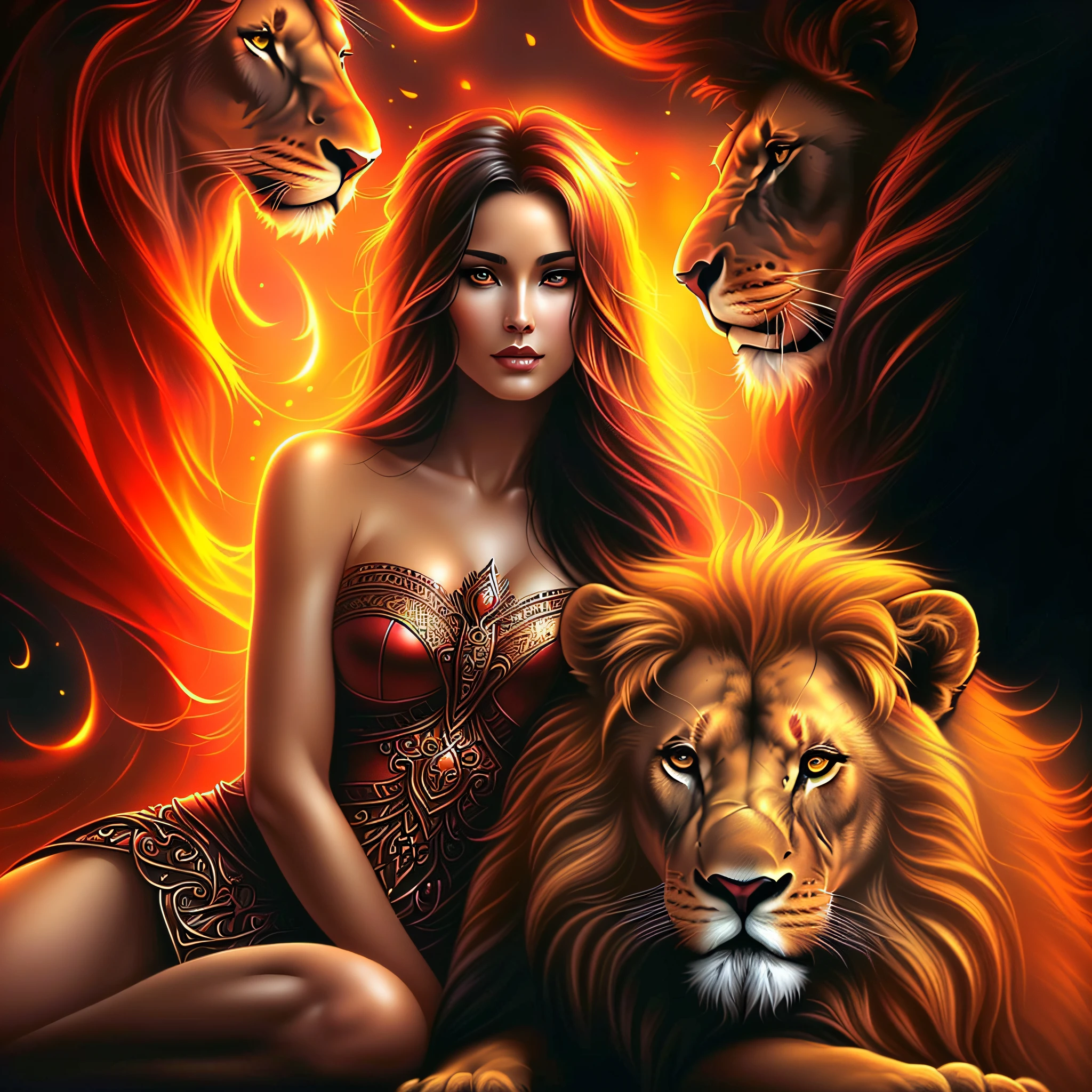 A black-haired woman in a red dress sitting next to a lion, Karol Bak UHD, beautiful Leo goddess, Epic Fantasy Art Style HD, Realistic fantasy illustration, Fire lion, Realistic fantasy artwork, Fierce 4K expression, Digital art Fantasy art, Beautiful fantasy art portrait, Fantasy art style,  Beautiful Digital Artwork, Epic Fantasy Art Portrait, Amazing Fantasy Art
