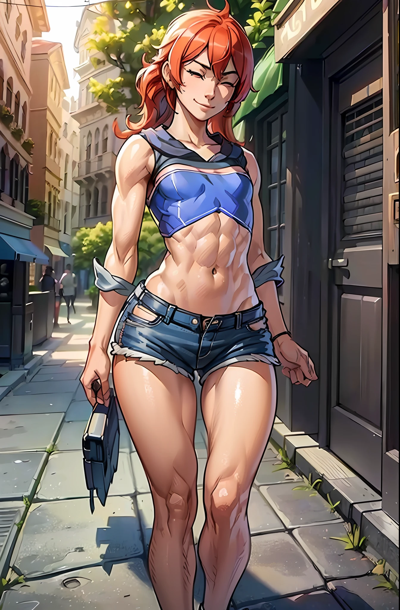 ((small breasts, tomboy girls, small head, wide hips, ass)), daylight, sunlight, (chiseled abs: 1.1), (perfect body: 1.1), (short wavy hair: 1.2), closed eyes, red hair, smile, collar, chain, full body shot, crowded street, in black tank top, denim jacket, ((shorts)), (extremely detailed CG 8k wallpaper), (extremely delicate and beautiful), (masterpiece), (best quality: 1.0), (ultra-high resolution: 1.0),  Beautiful lighting, perfect lighting, realistic shadows, [high resolution], detailed skin, super detailed