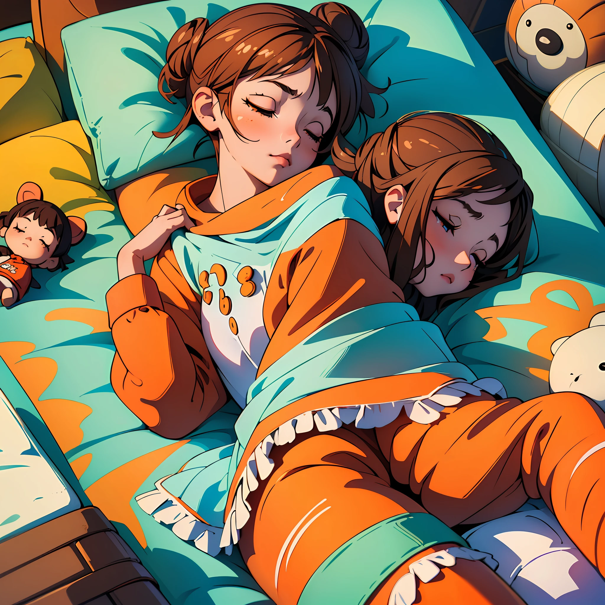 ((hyper super ultra detailed perfect piece)),illustration,masterpiece,(extremely detailed CG 8k),(very fine 8K CG) (((1girl))),(lightbrown hair),short hair,(single hairbun),(orange eyes),sparkling,small breasts,(sleepy),((sleeping face)),bedroom,on the bed,((pajamas)),(((put a blanket on)))(((lots of stuffed animals))) --auto --s2
