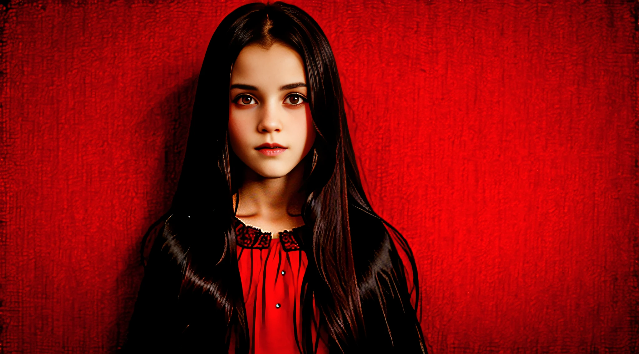 GIRLS VAMPIRE CHILDREN, RED EYES. AND LONG DARK HAIR, red background.