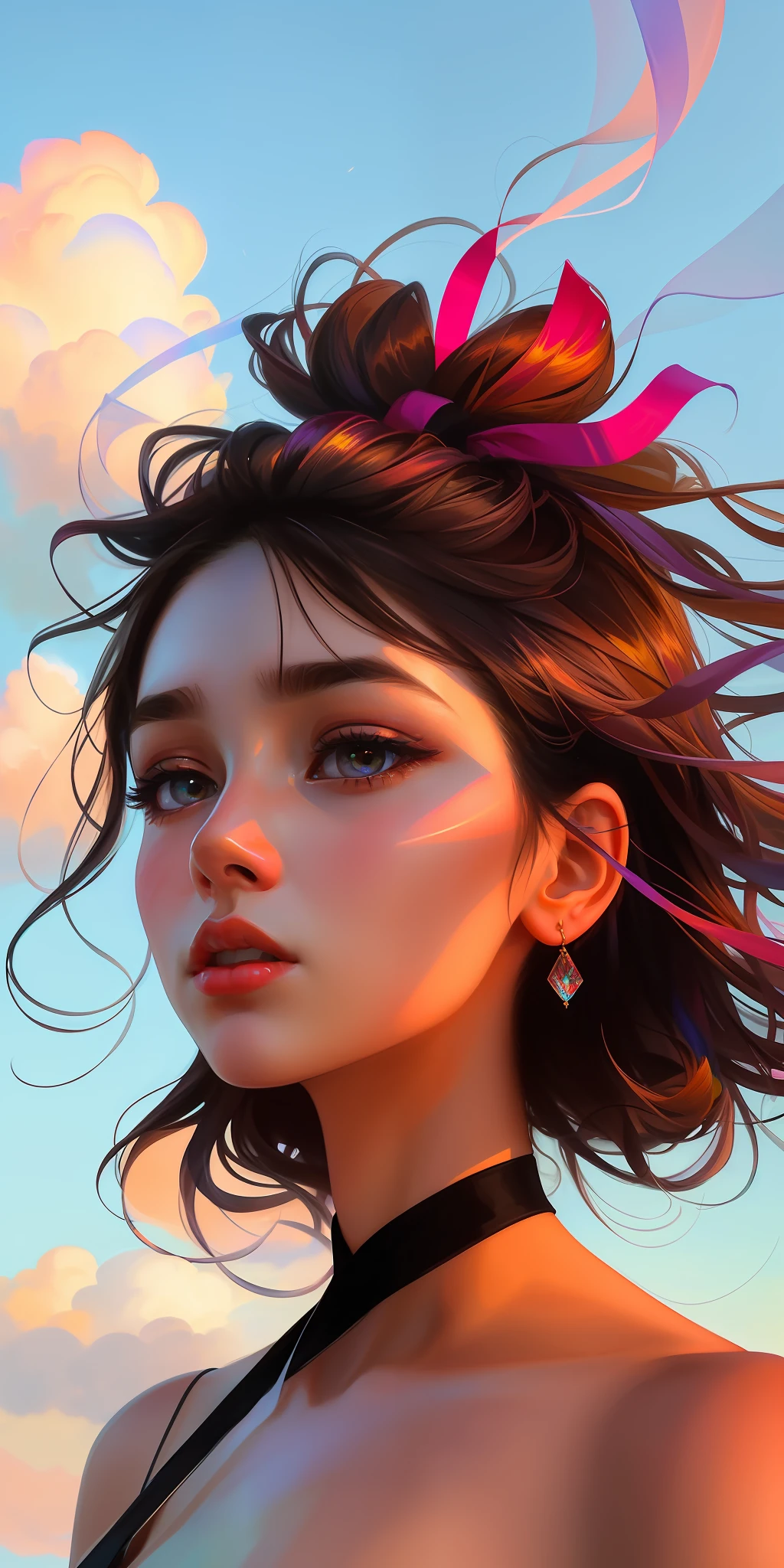 Slavic woman, close-up face, beautiful dress, bare shoulders, soaring female figure made of ribbons, smoke, in the sky, colorful and bright, mystical colors, modern impressionism, portraiture by Yanjun Cheng, iridescent painting, 3/4 perspective view, cute face, low angle, wide swirling composition, big beautiful crystal eyes, big iris, UHD, HDR, 8K, (Masterpiece: 1. 5), (the most beautiful portrait in the world:  1,5)