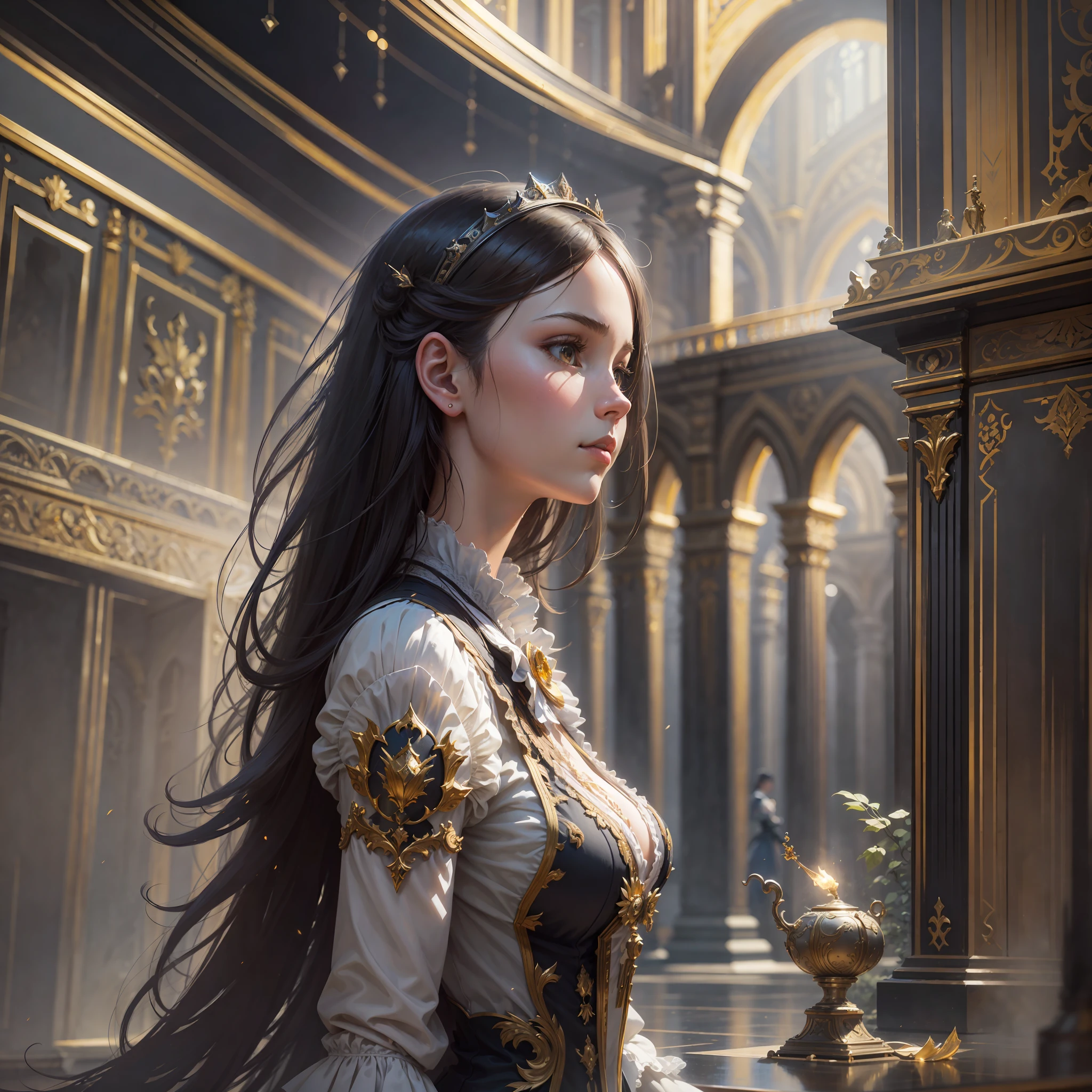young intricate woman in royal palace, art by Antoine Blanchard, wide angle lens f/2.8, ultra insane high resolution intricate textures, texture indentation, perfect perspective, perfect geometry, ultra insane ambient lighting, ultra insane ambient shadows, luminism, ultra detailed busy background, tessellation, maximalism, perfectionism, IPA Award wining masterpiece,