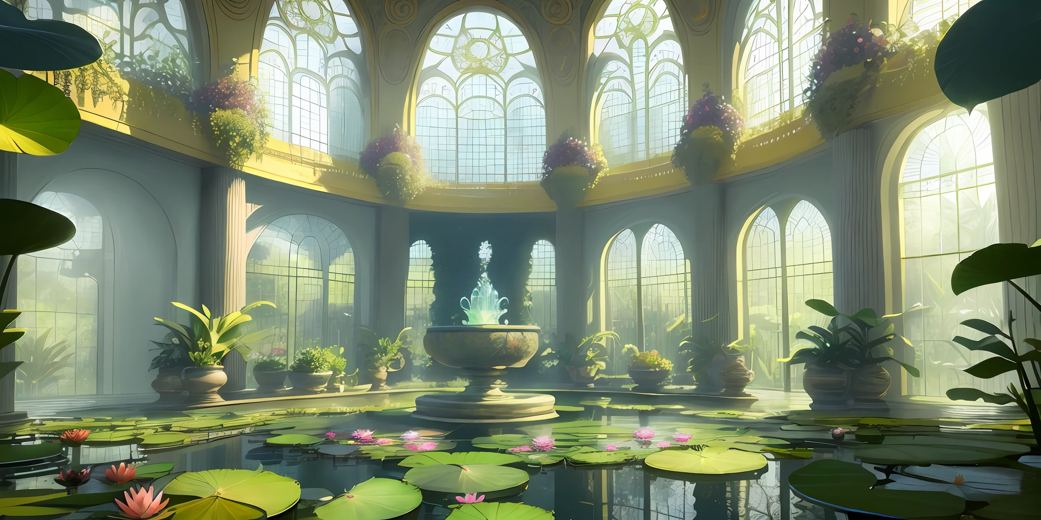 A gigantic greenhouse with a central round fountain with large water lilies with flowers, vines, orchids, bromeliads, large ornate glass windows, ornaments, golden, many plants, tropical plants, marble walls, dynamic light, 8K, masterpiece, ultra detailed, beautiful.