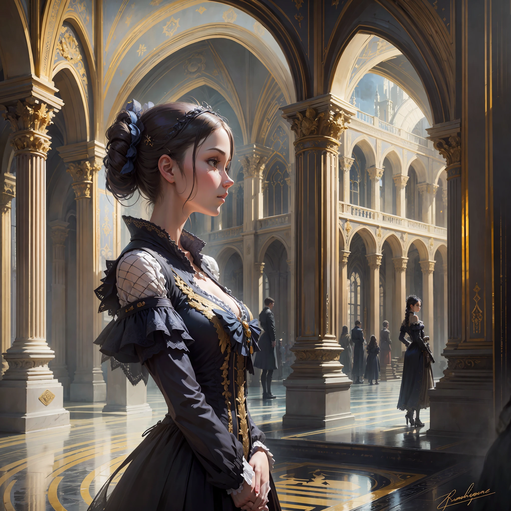 young intricate woman in royal palace, art by Antoine Blanchard, wide angle lens f/2.8, ultra insane high resolution intricate textures, texture indentation, perfect perspective, perfect geometry, ultra insane ambient lighting, ultra insane ambient shadows, luminism, ultra detailed busy background, tessellation, maximalism, perfectionism, IPA Award wining masterpiece,