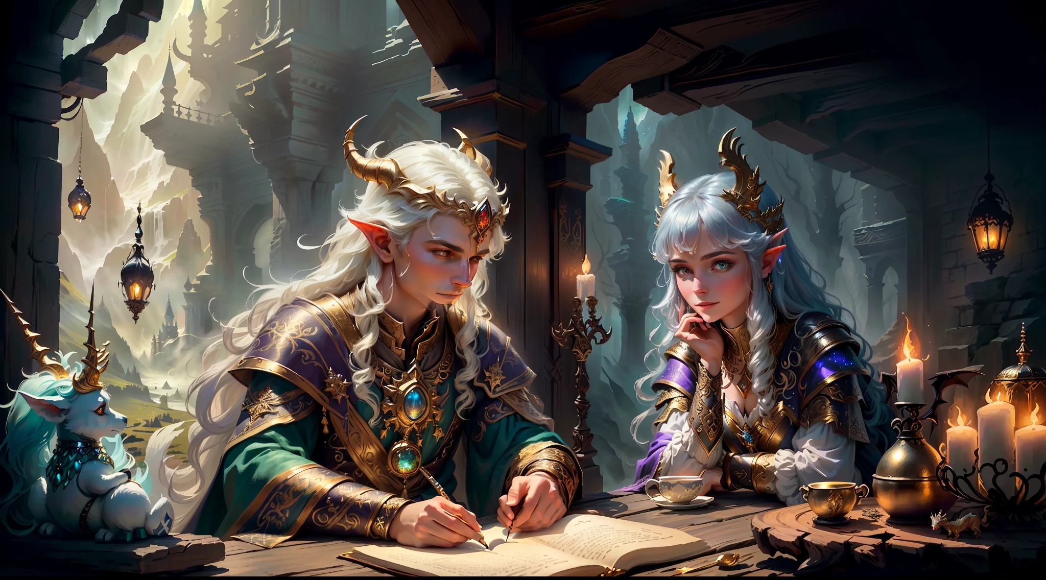 best quality, masterpiece, masterpiece portrait, intricate details, epic light, fantasy, dragons and dungeons, retro, priest, dark elf, 1 girl,2 boys, wooden table, tavern, gray skin, elegant smile, strabismus, close-up portrait of a Mycenaean woman doll with gold jewelry, spider: 0.9, net: 1.0, fantasy, volumetric lighting, concept art, brush stroke style, art station, trend, very detailed, art by Greg Rutkowsk, Amidst a realm of enchantment and mythical wonders, fantasy setting, magical creatures, ethereal beauty, majestic landscapes, shimmering forests, cascading waterfalls, ancient ruins, radiant sunlight, mystical atmosphere, vibrant colors, mystical beings, mythical creatures, fairies, unicorns, dragons, celestial skies, floating islands, hidden realms, whimsical architecture, spellbinding charm, sparkling crystals, gentle breeze, captivating aurora, wisps of magic, ethereal glow, awe-inspiring vistas