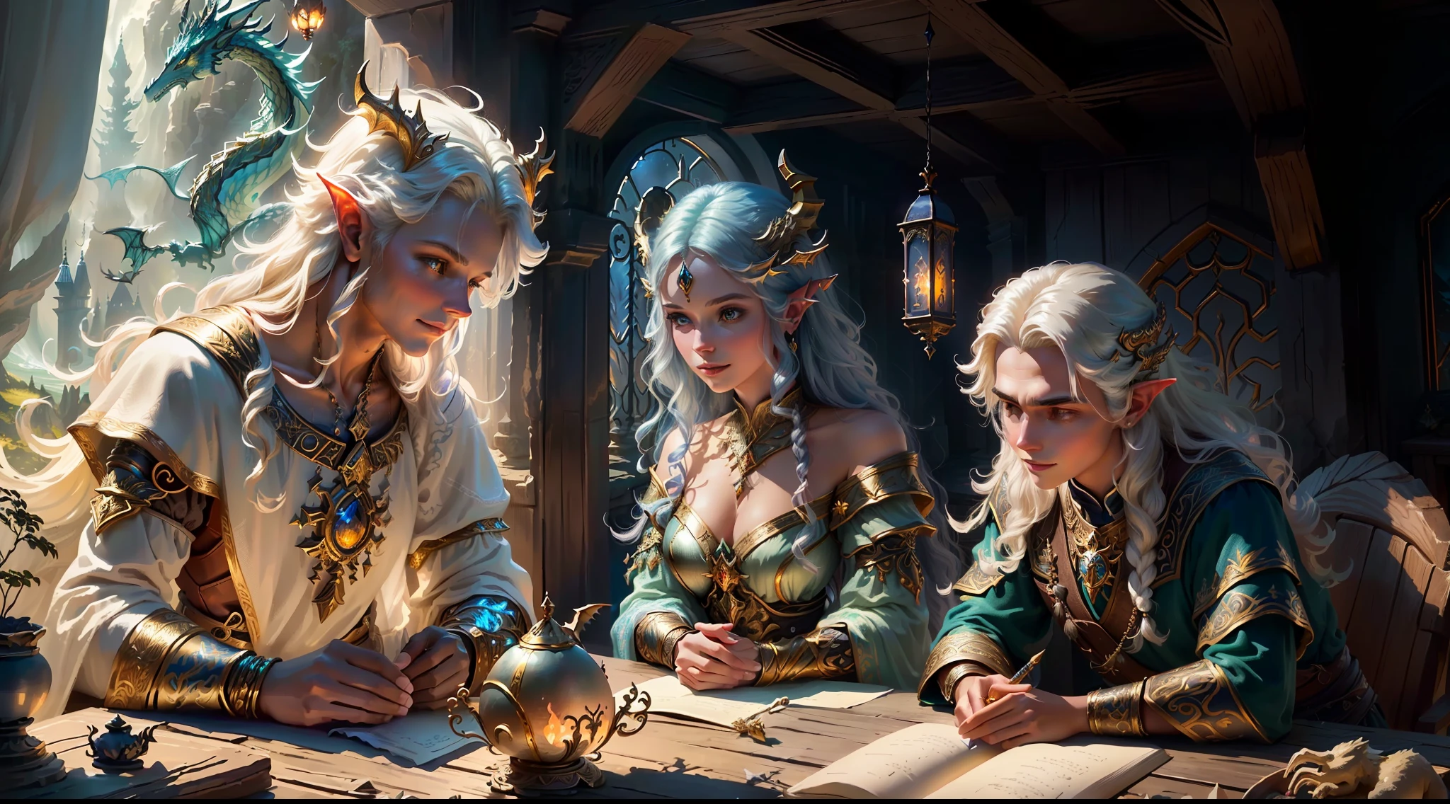 best quality, masterpiece, masterpiece portrait, intricate details, epic light, fantasy, dragons and dungeons, retro, priest, dark elf, 1 girl,2 boys, wooden table, tavern, gray skin, elegant smile, strabismus, close-up portrait of a Mycenaean woman doll with gold jewelry, spider: 0.9, net: 1.0, fantasy, volumetric lighting, concept art, brush stroke style, art station, trend, very detailed, art by Greg Rutkowsk, Amidst a realm of enchantment and mythical wonders, fantasy setting, magical creatures, ethereal beauty, majestic landscapes, shimmering forests, cascading waterfalls, ancient ruins, radiant sunlight, mystical atmosphere, vibrant colors, mystical beings, mythical creatures, fairies, unicorns, dragons, celestial skies, floating islands, hidden realms, whimsical architecture, spellbinding charm, sparkling crystals, gentle breeze, captivating aurora, wisps of magic, ethereal glow, awe-inspiring vistas