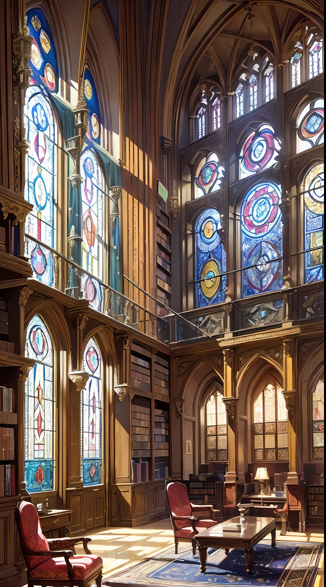 ((Best quality)), ((masterpiece)), (((highly intricate details)), an immense library with many medieval style books sunbeams entering through stained glass windows