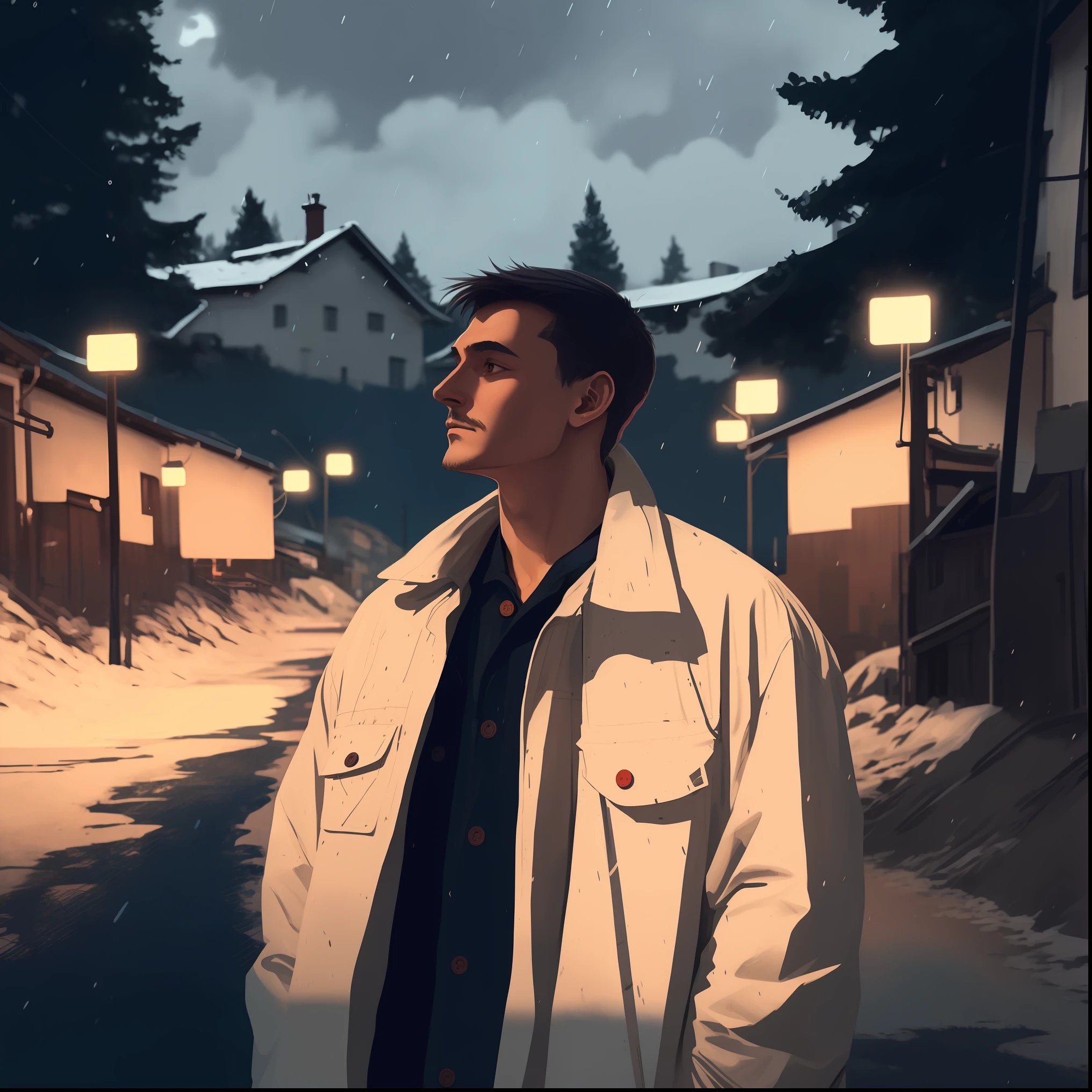 there is a man standing in the middle of a street, artwork in the style of guweiz, lofi portrait, lofi artstyle, calm night. digital illustration, inspired by mads berg, inspired by Jean Malouel, low detailed. digital painting, inspired by Aleksander Gine, realistic artstyle, artstation mans aesthetic