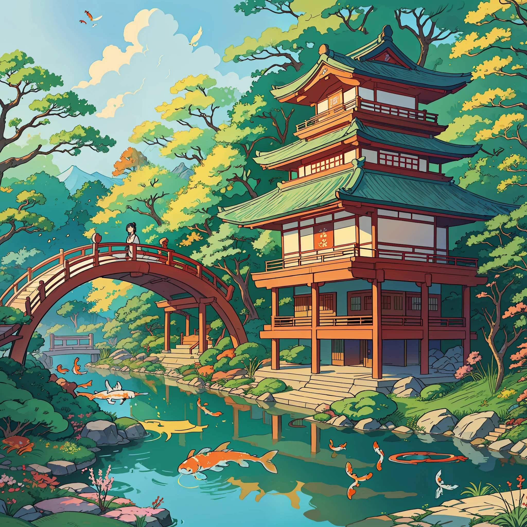 there is a cartoon picture of a japanese garden with a bridge and koi fish, a digital painting inspired by Tōshi Yoshida, pixiv contest winner, ukiyo-e, anime background art, anime countryside landscape, anime background, zen temple background, japanese art style, anime scenery, anime landscape, royal garden background, scenery art detailed