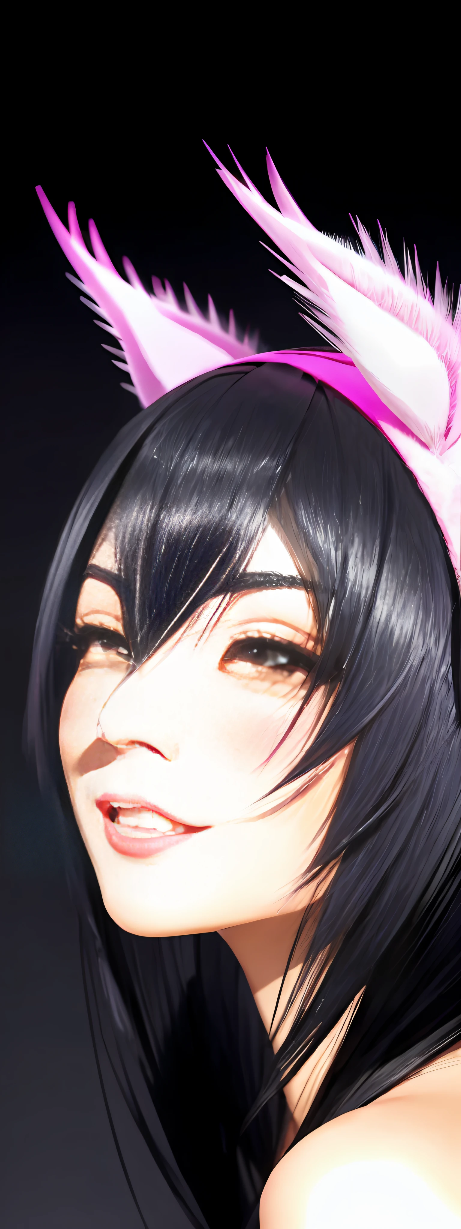 black hair, hair bobbles, wince, longeyelashes, solid circle eyes, fake animal ears, light smile, ear blush, fang, Surrealism, drop shadow, anaglyph, stereogram, tachi-e, pov, atmospheric perspective, 8k, super detail, ccurate, best quality