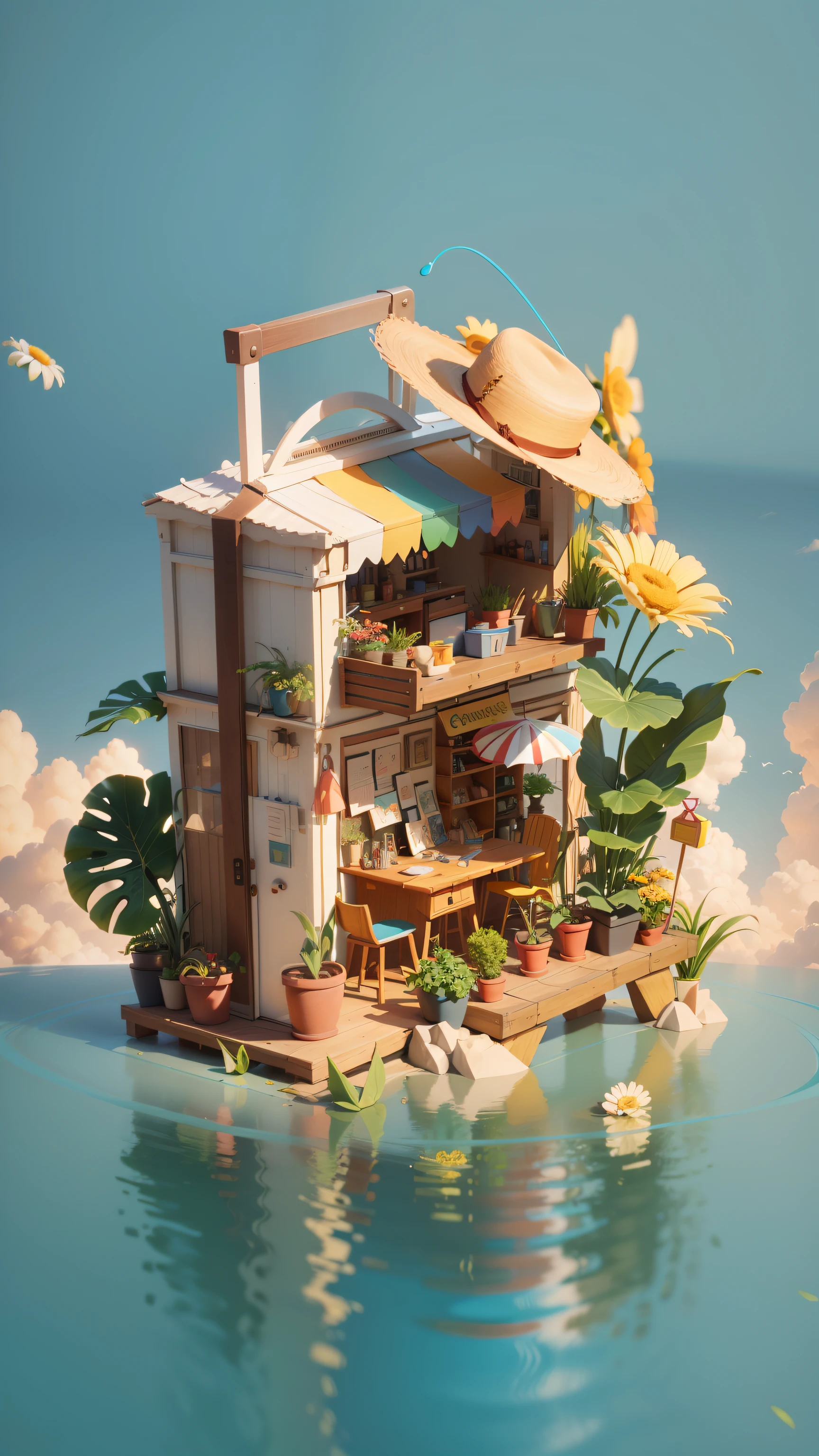 There is a suitcase with a straw hat on top, clouds leaning up, atmosphere, leaves, chrysanthemums floating in the air, paper airplanes, (miniature: 1.2), 2.5d illustration, 3d rendering, 3d modeling, trend in behans 3d art, trend in behans 3d art, 3d illustration, 3d illustration, 3d illustration, commercial illustration, cinema 4d color rendering, 3d rendering stylization, stylized digital illustration, 3d stylized scene, stylized 3d rendering, 8k