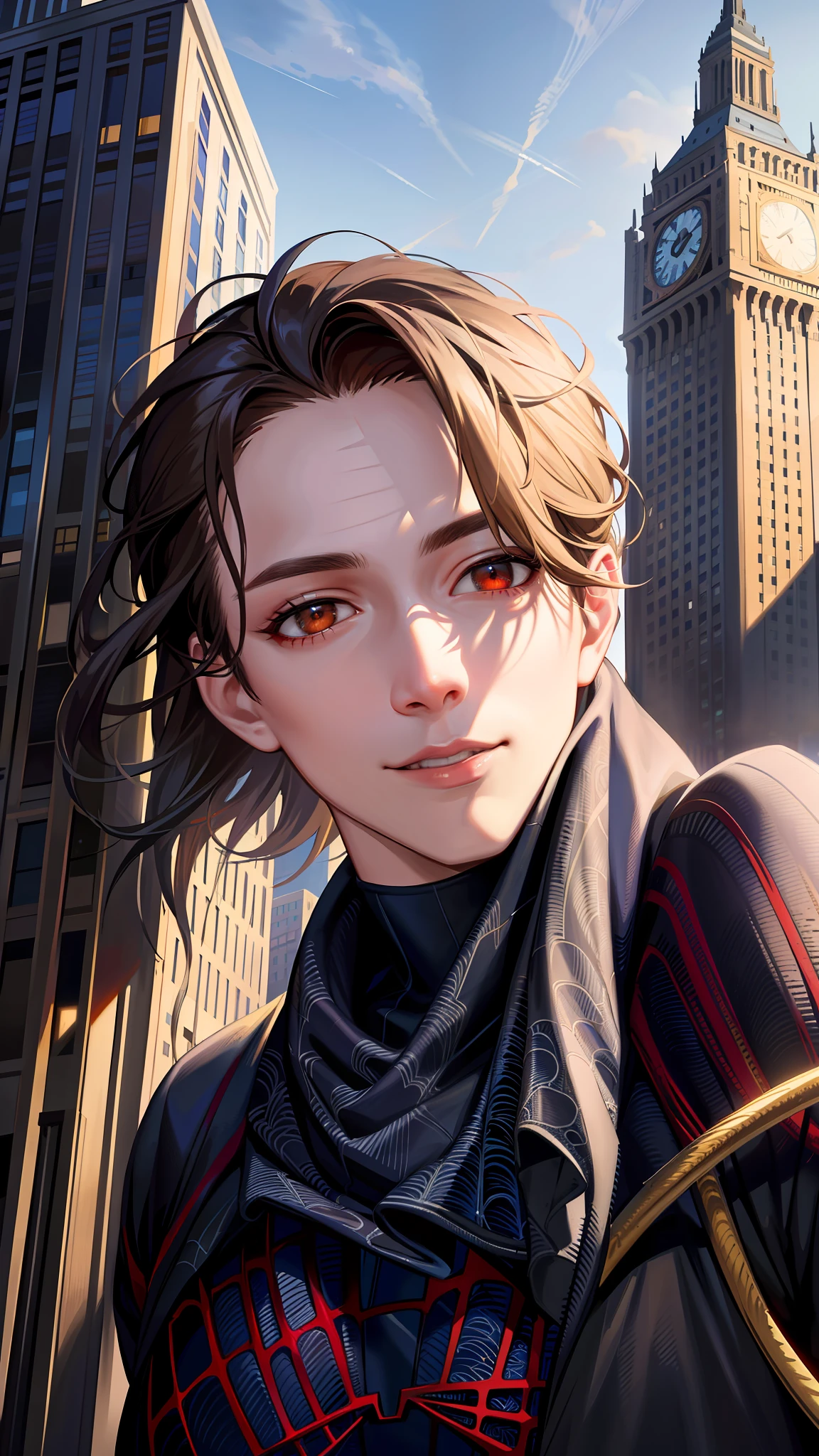 spider suit, spider web print, spider web, spider-man
Masterpiece, absurdres, fine detail, HDR, ((highly detailed face and eyes)), photorealistic,
focus on eyes,
standing on the roof of a skyscrapper, ((unmasked)), looking at viewer, smiling,  short brown hair, 
new york buildings background,