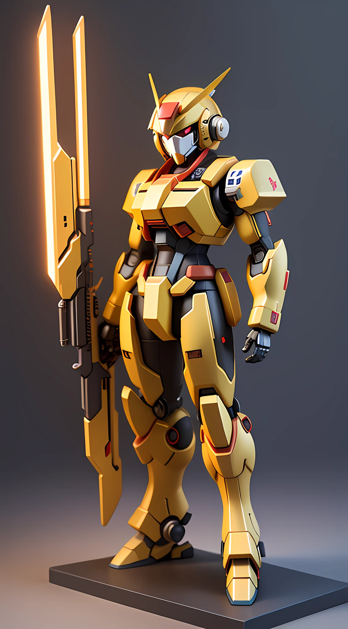 Gundam Mecha Warrior, Mecha, Mechanics, Sleek Ceramics, Looking at the Audience, Complex Mechanical Composition, Highest Quality, Complex (High Detail: 1.1) Unreal Engine, Full Body, 3D Rendering, Big Head and Small Body, Tech Background.