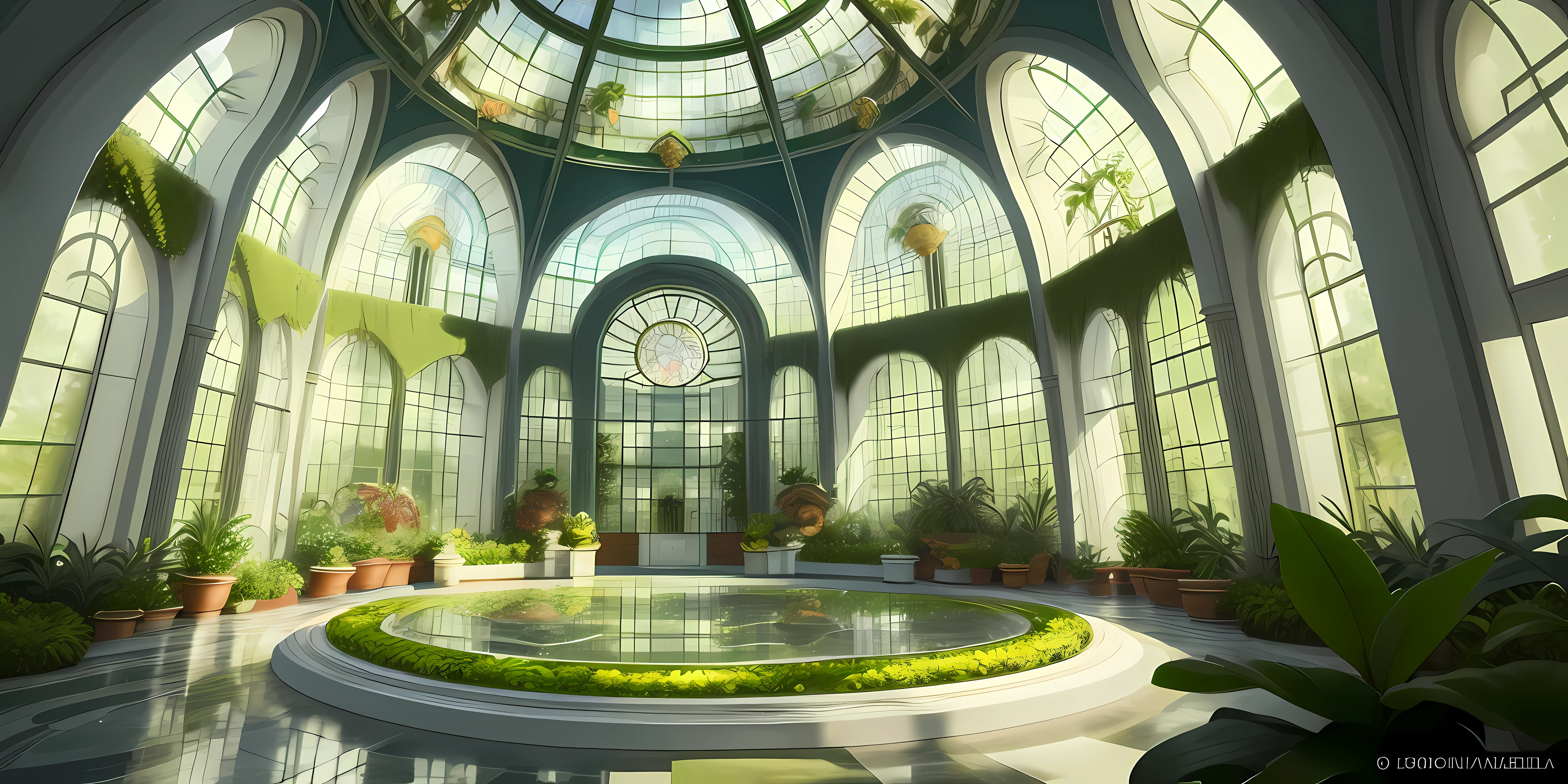 ma gigantic greenhouse, round beds with trees, vines, orchids, bromeliads, large ornate glass windows, ornaments, golden, many plants, tropical plants, marble walls, dynamic light, 8K, masterpiece, ultra detailed, beautiful.