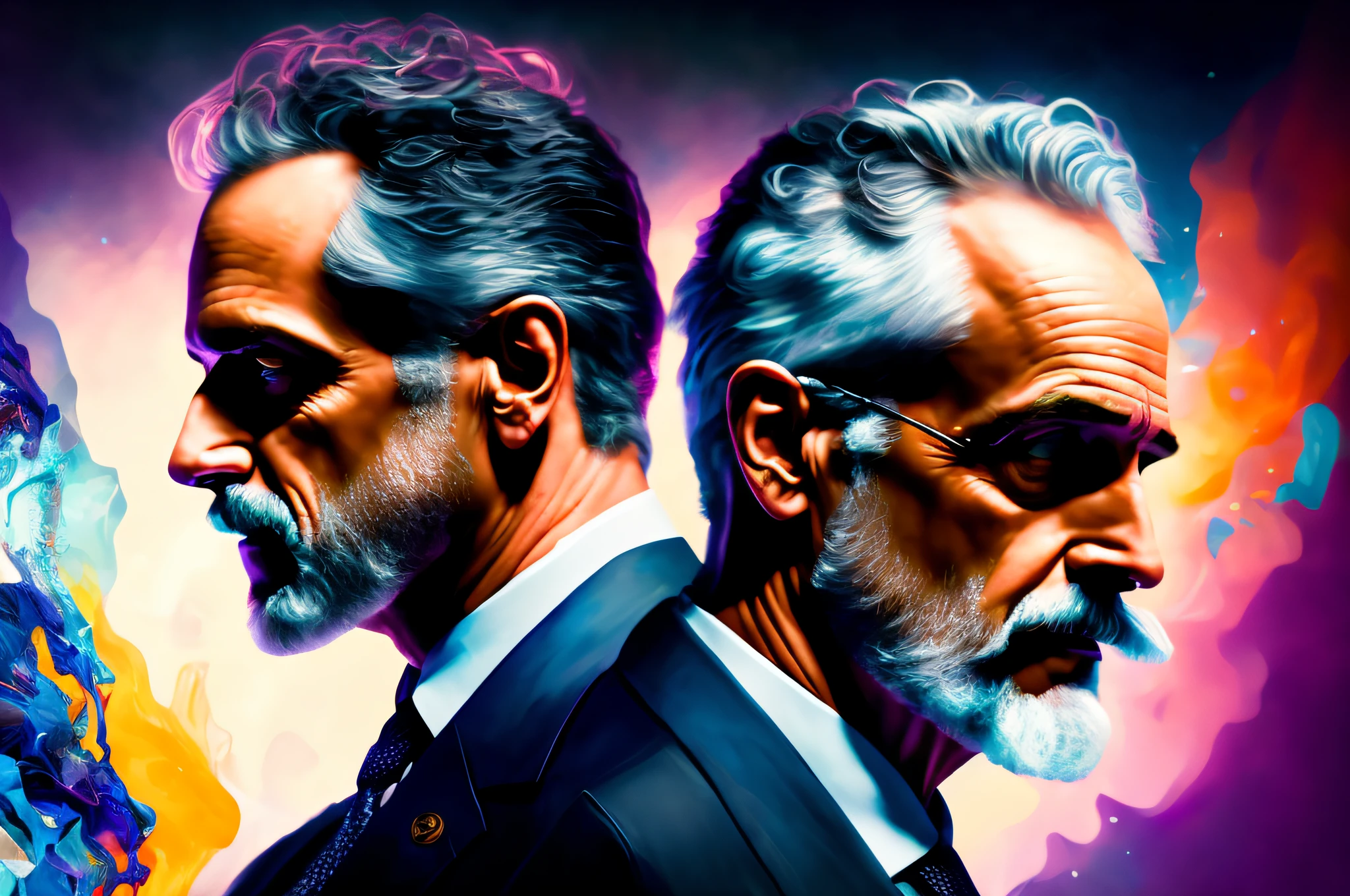 (dreamlikeart: 1.3), splash art portrait painting (Jordan B. Peterson looking at Sigmund Freud), imaginary, splashart, reflective pose, dynamic angle, movement, highly detailed color of the background universe, unconscious, human mind, symbols, mysteries, nerd vibes, futuristic style