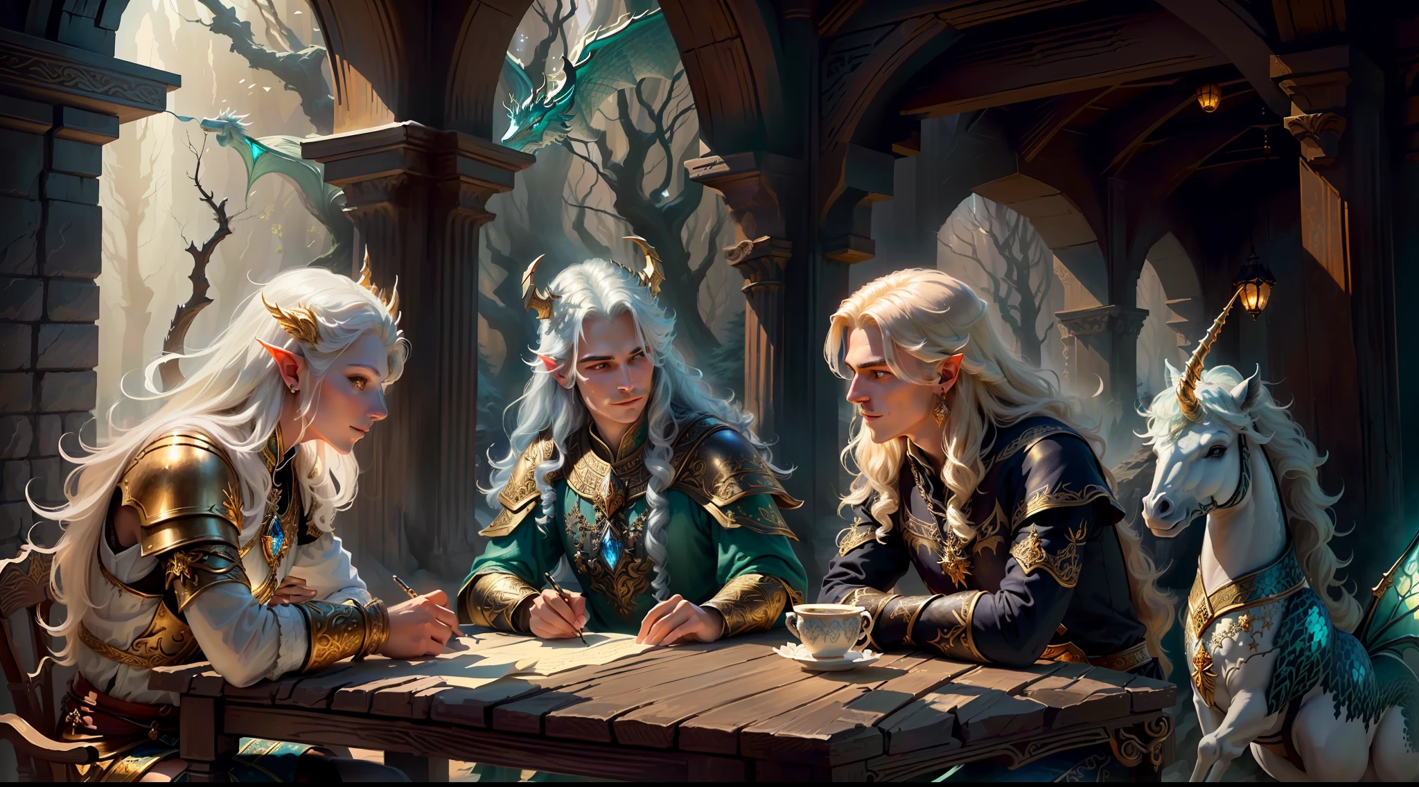 best quality, masterpiece, masterpiece portrait, intricate details, epic light, fantasy, dragons and dungeons, retro, priest, dark elf, 1 girl,2 boys, wooden table, tavern, gray skin, elegant smile, strabismus, close-up portrait of a Mycenaean woman doll with gold jewelry, spider: 0.9, net: 1.0, fantasy, volumetric lighting, concept art, brush stroke style, art station, trend, very detailed, art by Greg Rutkowsk, Amidst a realm of enchantment and mythical wonders, fantasy setting, magical creatures, ethereal beauty, majestic landscapes, shimmering forests, cascading waterfalls, ancient ruins, radiant sunlight, mystical atmosphere, vibrant colors, mystical beings, mythical creatures, fairies, unicorns, dragons, celestial skies, floating islands, hidden realms, whimsical architecture, spellbinding charm, sparkling crystals, gentle breeze, captivating aurora, wisps of magic, ethereal glow, awe-inspiring vistas