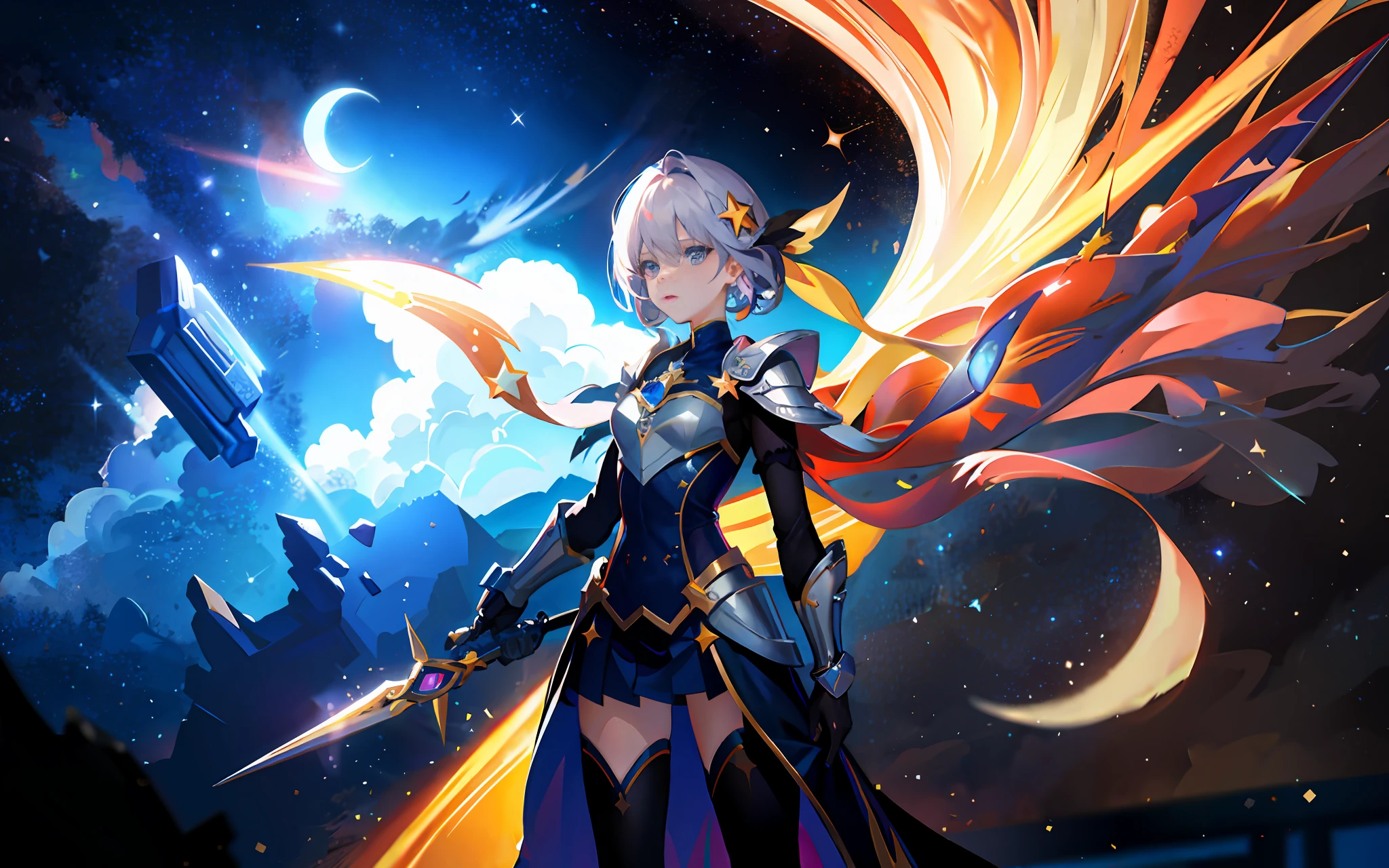 masterpiece, best quality, girl,starry,strry light,night,colorful,cloud,star \(sky\), armor, weapon