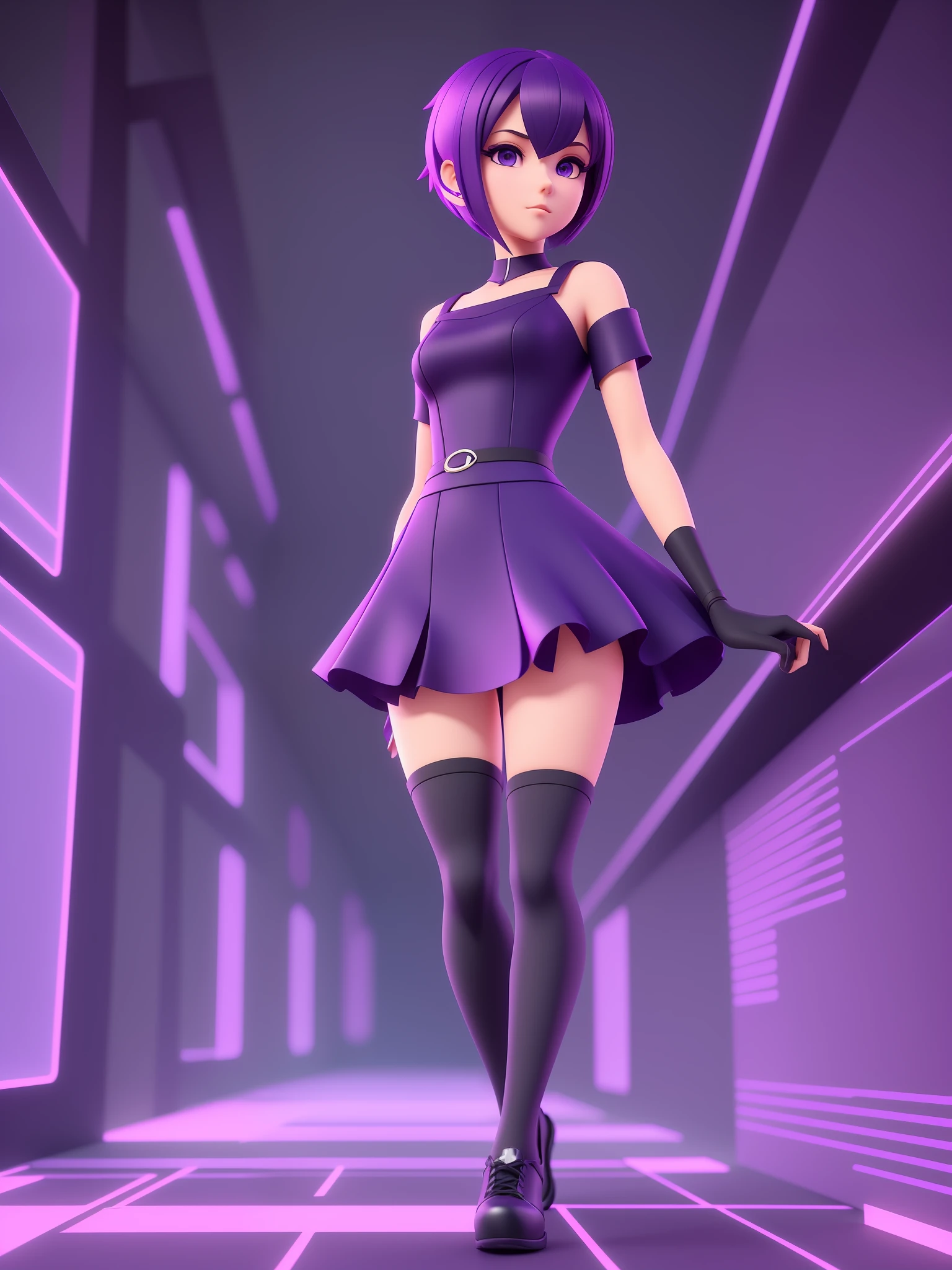 Young girl, a cartoon character light dark purple outfit, (short hair and dark blue), stylized character, animation character, stylized 3d render, 3d character, highly detailed character, stylized anime, stylized 3d, render character, character model, full body