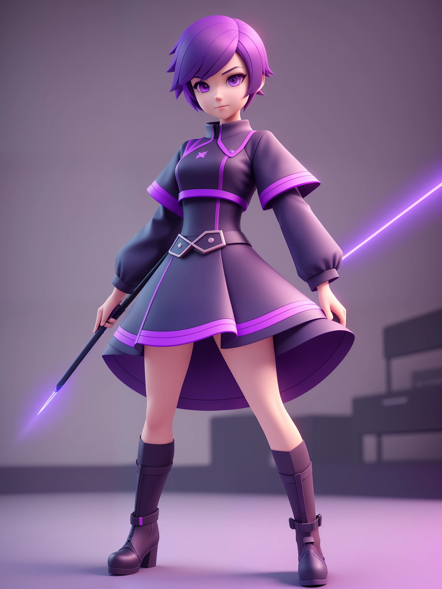 Young girl, a cartoon character light dark purple outfit, (short hair and dark blue), stylized character, animation character, stylized 3d render, 3d character, highly detailed character, stylized anime, stylized 3d, render character, character model, full body