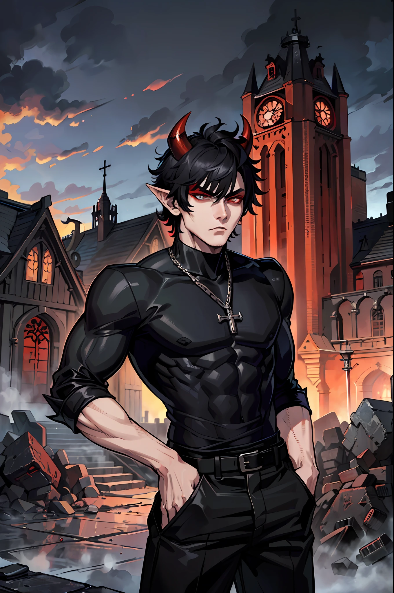 ((((dramatic))), (((gritty))), (((intense))). color palette is very intense. ((1 boy)), colorful, fantasy church background, pale skin, detailed eyes, detailed face, ((black hair, messy hair, short hair)) ((red eyes)), (((night time))) ((tired expression)), ((oni demon horns black to red)), elf ears, turtleneck pullover, ((dark eyebags)), ((mature, young adult, masculine, tall, sharp features))) (((modern outfit, classy, very baggy clothing, black clothing, baggy pants))