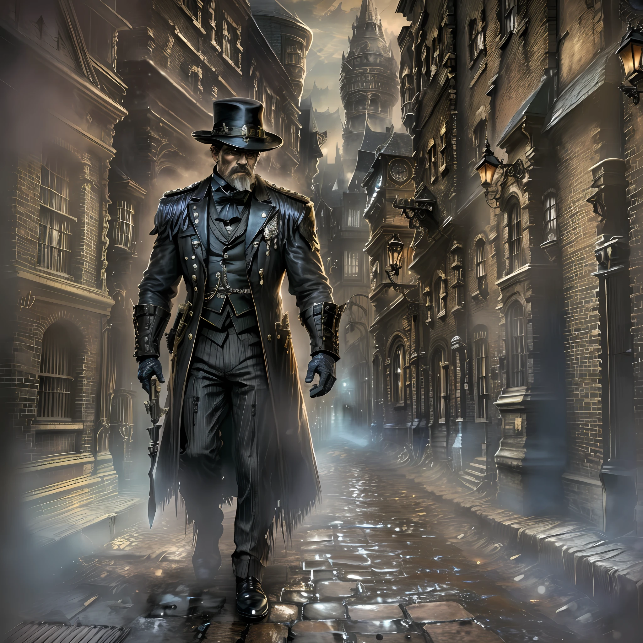 London street in the Victorian era at night, dark, haunting streets, a man in costumes from Game The Order 1886 walked, a rifle and a large knife (in the back) in the hem, black and gold costumes.