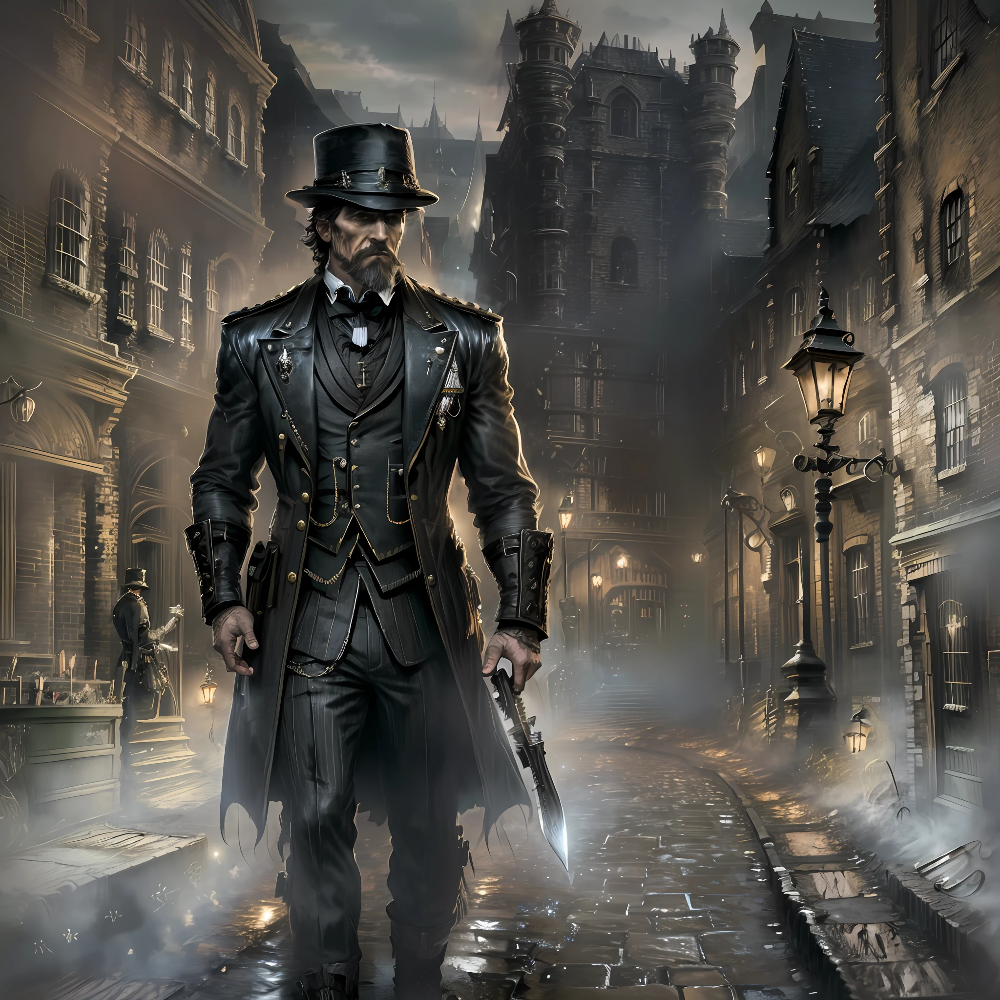 London street in the Victorian era at night, dark, haunting streets, a man in costumes from Game The Order 1886 walked, a rifle and a large knife (in the back) in the hem, black and gold costumes.