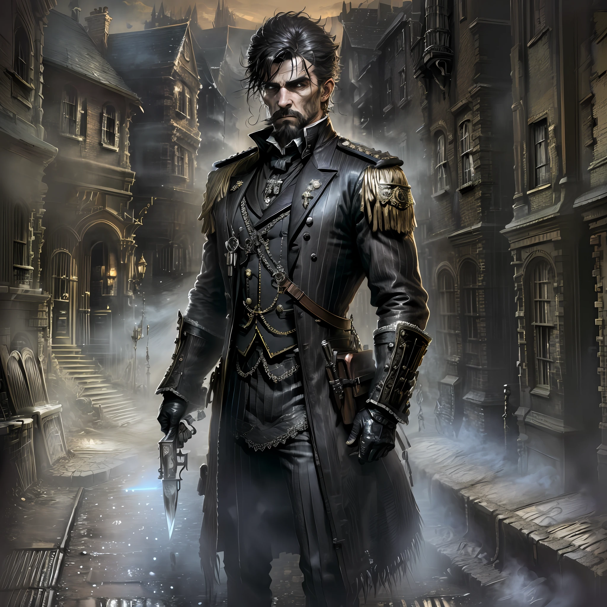 London street in the Victorian era at night, dark, haunting streets, a man in costumes from Game The Order 1886 walked, a rifle and a large knife (in the back) in the hem, black and gold costumes.