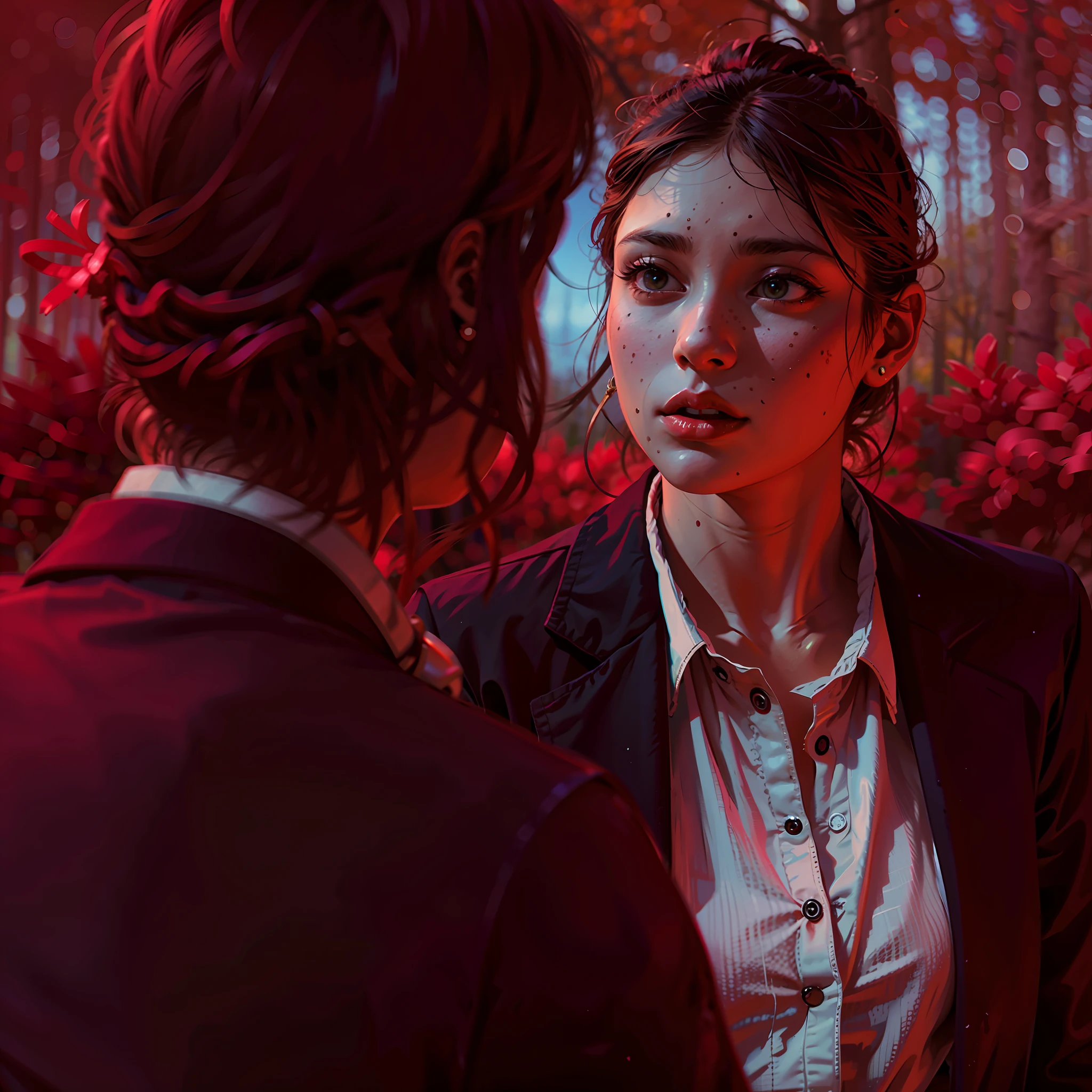 a hyper-realistic portrait of a young woman, half asleep, under a tree, inside a forest, in the middle of nature, 22 years old, realistic, (lying on her side), she is wearing a red panties, (wearing a garter belt and black pantyhose), sexy, (huge breasts 2:1), torn, (all torn), short brown hair, (hair tied with bows), curved, SFW