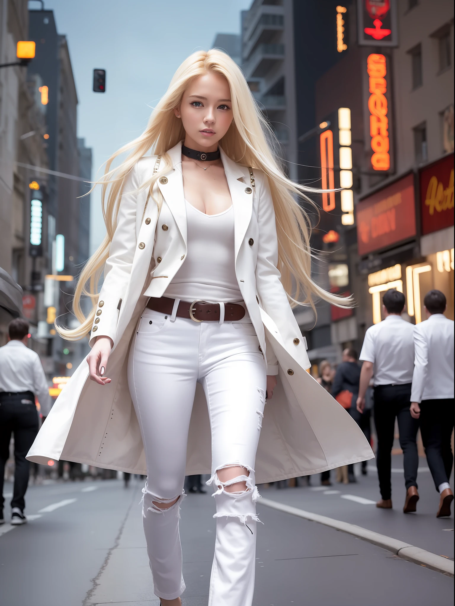 woman long blonde hair, cheerful, white jeans, long white coat, belt, bracelets, holsters, rivets, walking on city street with explosions behind, night, movie poster.