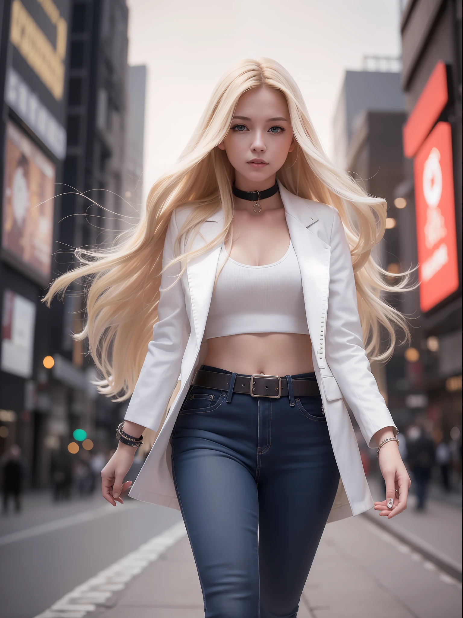 woman long blonde hair, cheerful, white jeans, long white coat, belt, bracelets, holsters, rivets, walking on city street with explosions behind, night, movie poster.