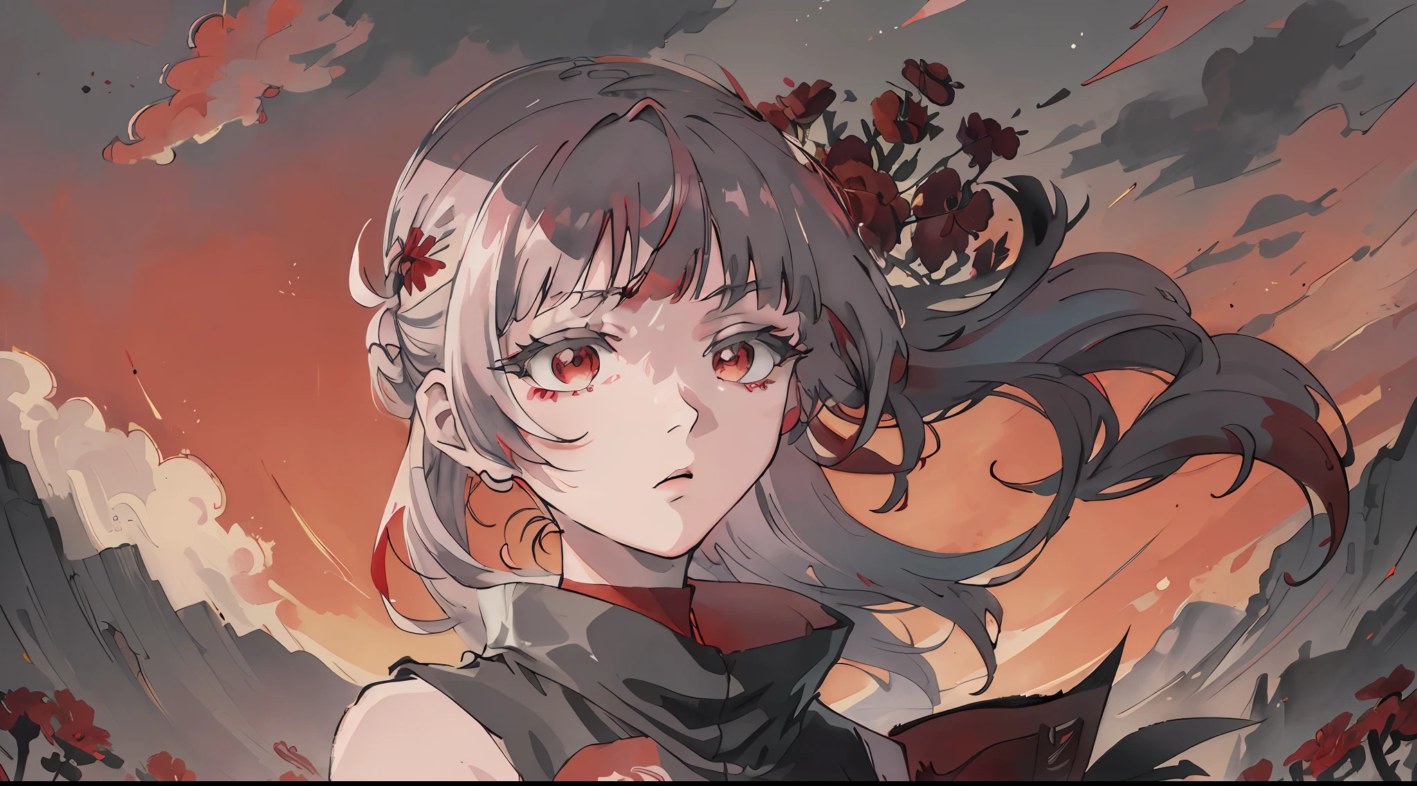 (masterpiece), (best quality), (ultra detailed), nazuna, look forward, looking at the viewer, red eyes, upper body, red flowers, fluid colors, overcast sky,